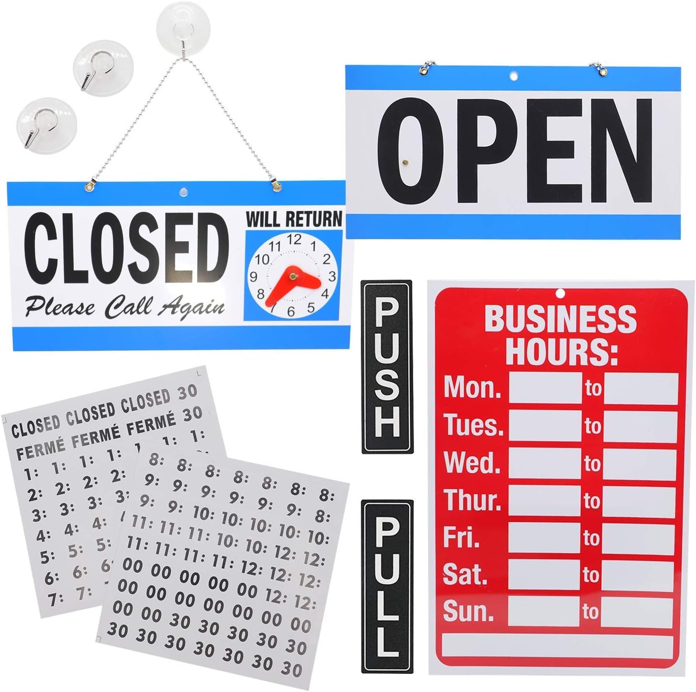 DGQ Business Hour Open Closed Sign & Push Pull Door Signs โ Bundle of Office Hours Sign Will Return Clock with Suction Cups for Door Window Businesses Stores Restaurants Bars Salon Shops