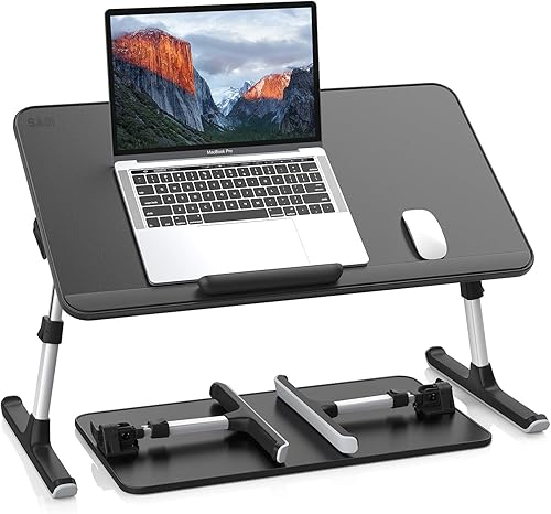 Miniatura 10 de SAIJI Escritorio de cuero para computadora portátil, bandeja para cama, soporte ajustable para computadora portátil, escritorio de pie ligero y
