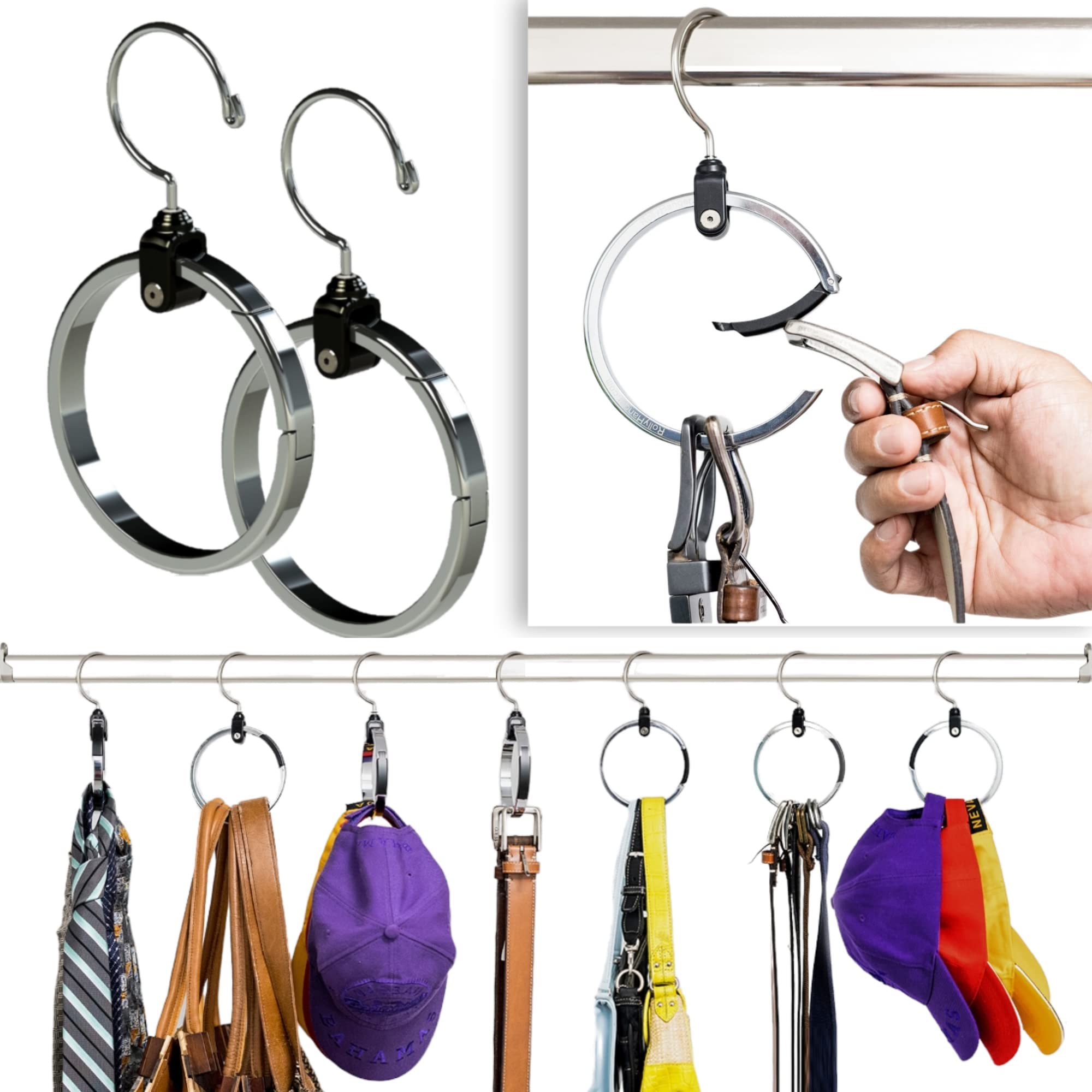 2-Pack Multipurpose ROLLY HANGER Great Space Saver, Cut Clutter in Any Closet Ideal Belt Hanger, Baseball Hats, Ties, Scarves, Purses Organizer