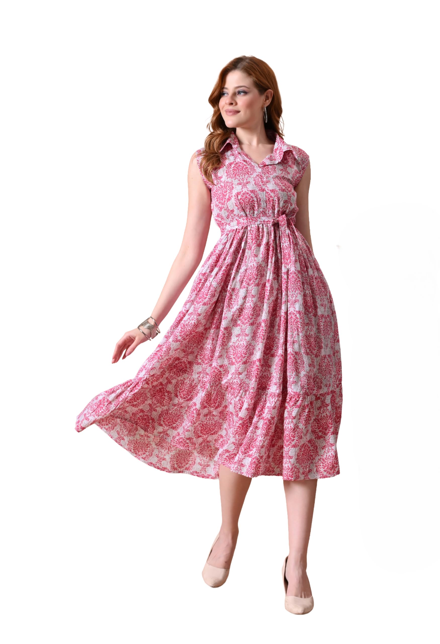 Women’s Cotton Printed Midi Dress | Fit & Flare Casual Summer Dress with Belt | Sleeveless Shirt Collar Elegant Lightweight Breathable Fabric Party & Office Wear Dress for Women Floral-picture-29