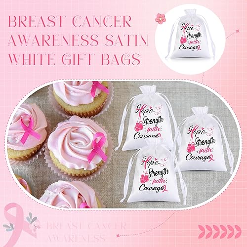 Miniatura 3 de Silkfly 50 bolsas de regalo blancas satinadas para concientización sobre el cáncer de mama, bolsa con cordón de 7 x 5 pulgadas, bolsas de joyería