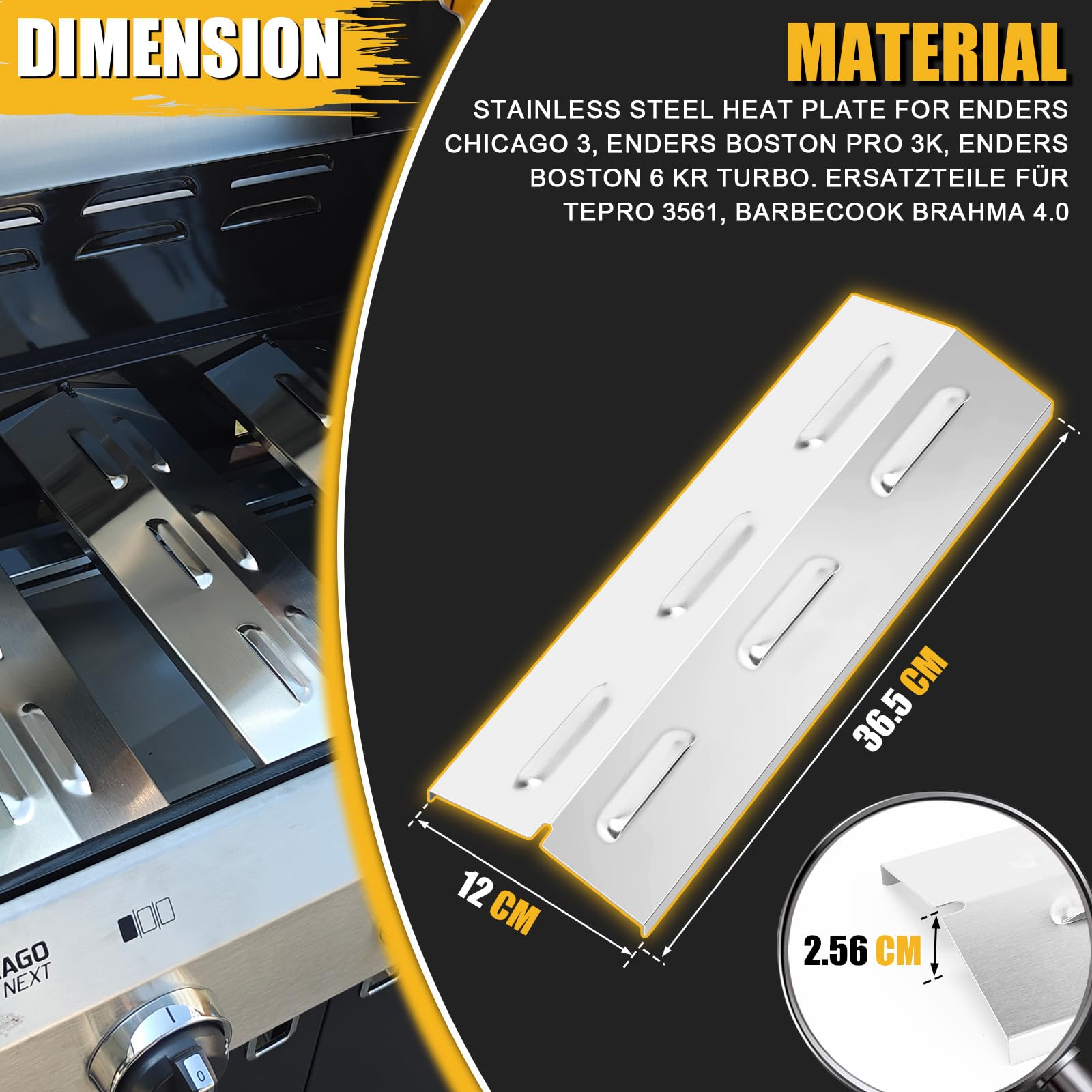 GFTIME 36,5 x 12 cm de acero inoxidable universal placa de calor piezas de repuesto para Enders Chicago 3, Enders BOSTON PRO 3K, Enders Boston 6 Kr turbo, Tepro 3561, Barbecook Brahma 4.0, 3 piezas