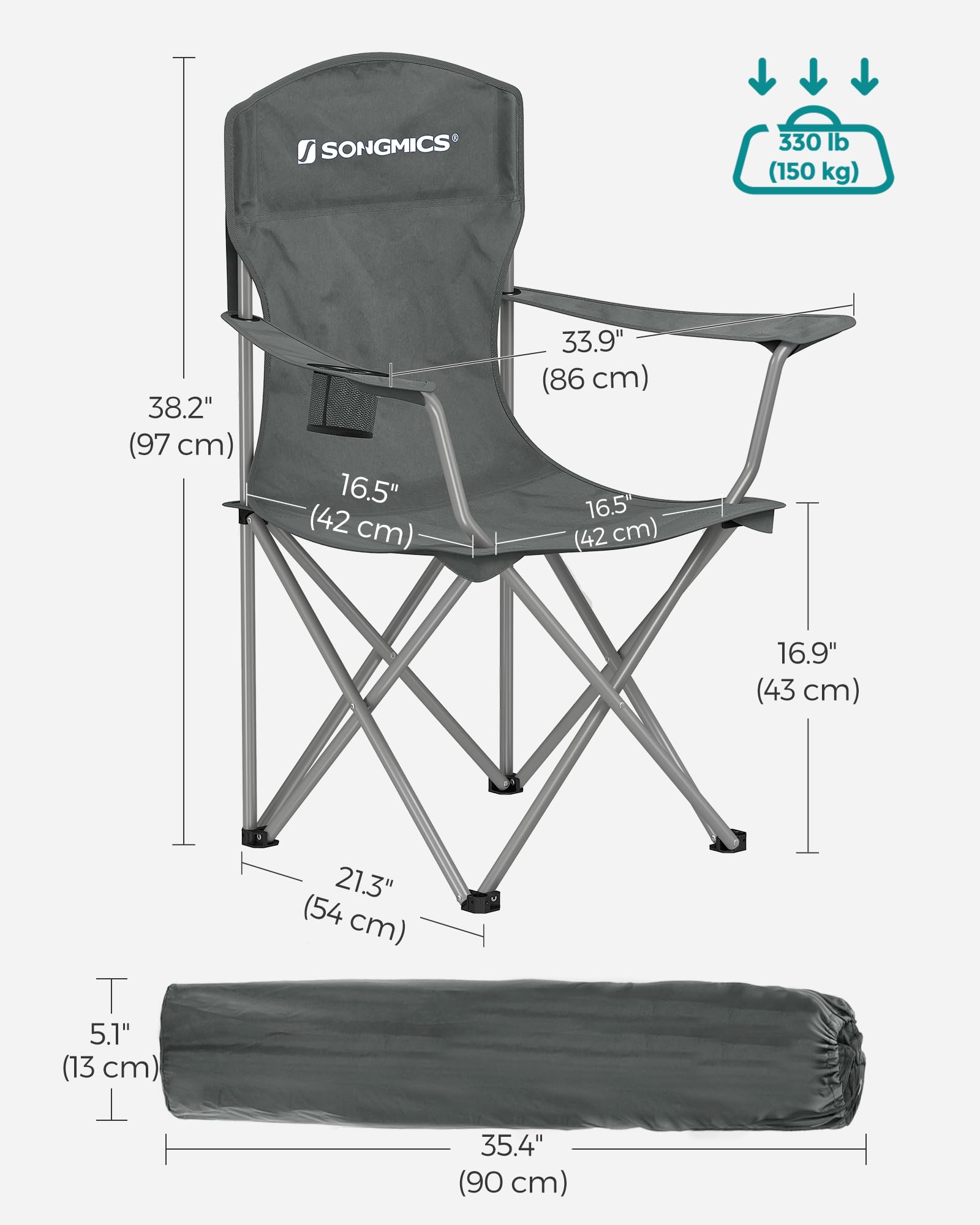 SONGMICS Set di 2 sedie pieghevoli da campeggio, comode, struttura resistente, portata massima 150 kg, sedia da esterno con portabicchieri, per campeggio, giardino, pesca, terrazza, grigio ardesia