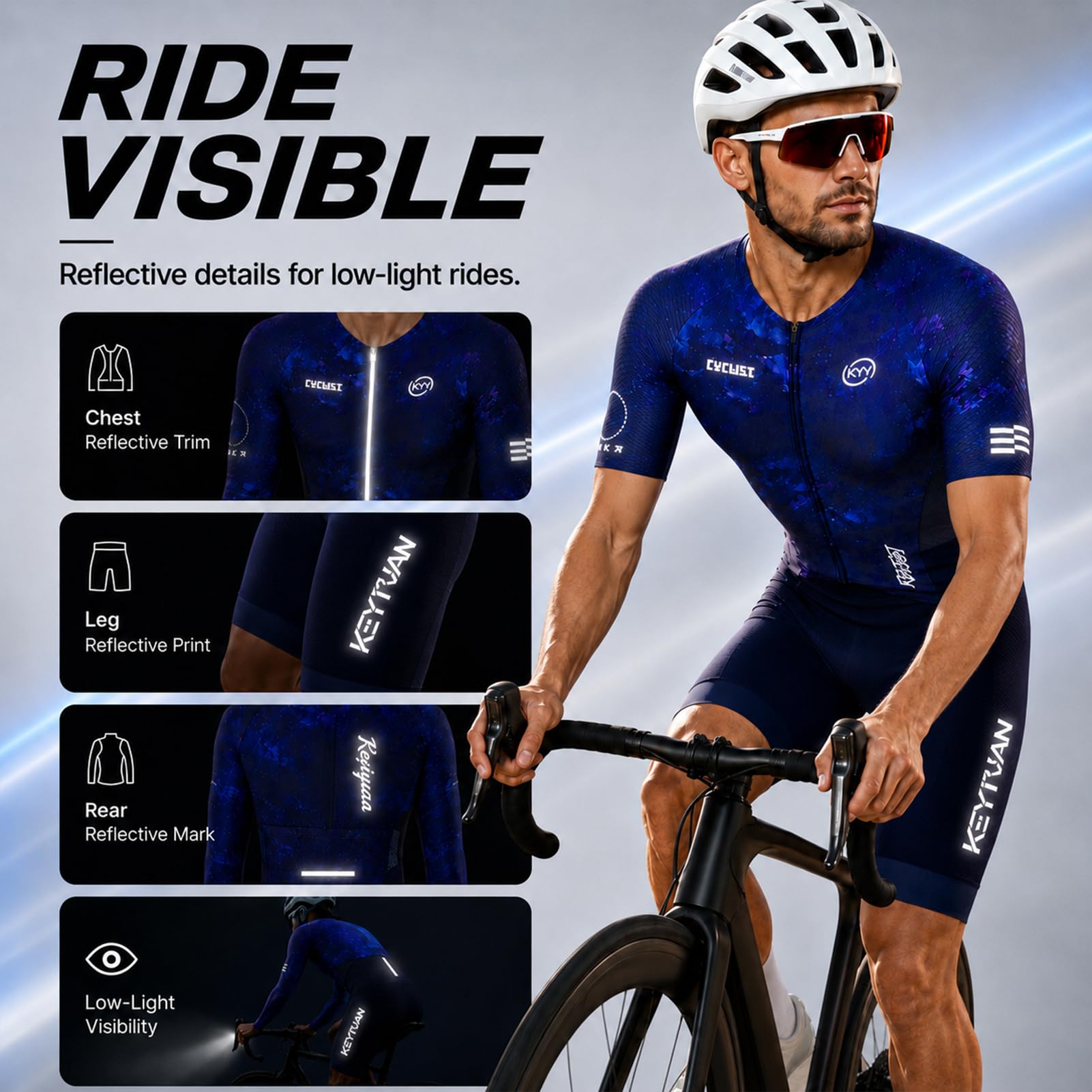 Tuta da Ciclismo Uomo Manica Corta – Fondello Alta Densità, UV | Skinsuit, traspirante, asciugatura , 3 tasche posteriori, per ciclismo su strada & triathlon, Set abbigliamento da ciclismo