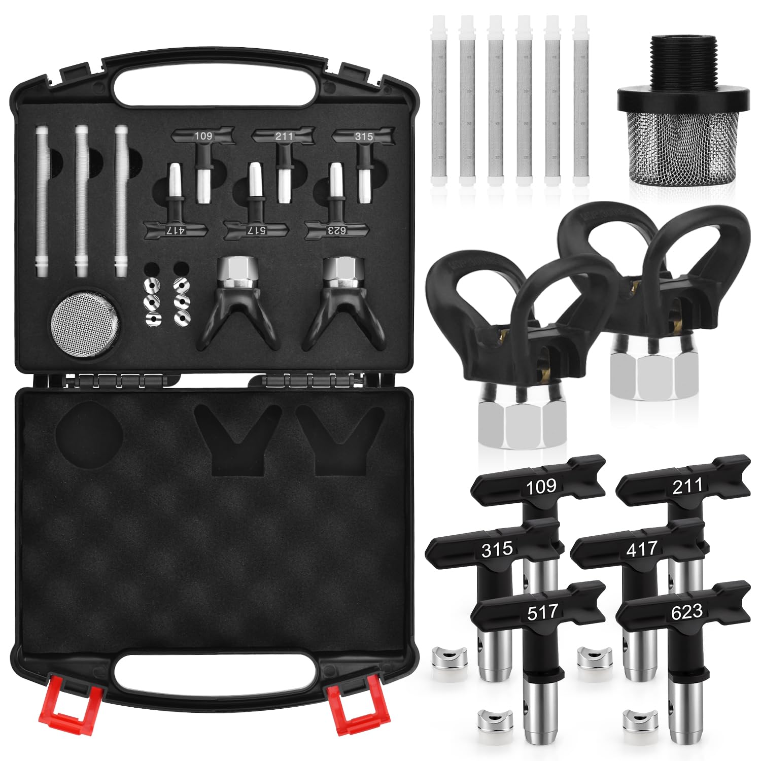 Juego de 14 puntas de pulverización de pintura sin aire, 6 puntas de pulverización sin aire, 2 protectores de punta, 6 filtros de pistola de pintura sin aire, colador de succión de entrada 288716 y