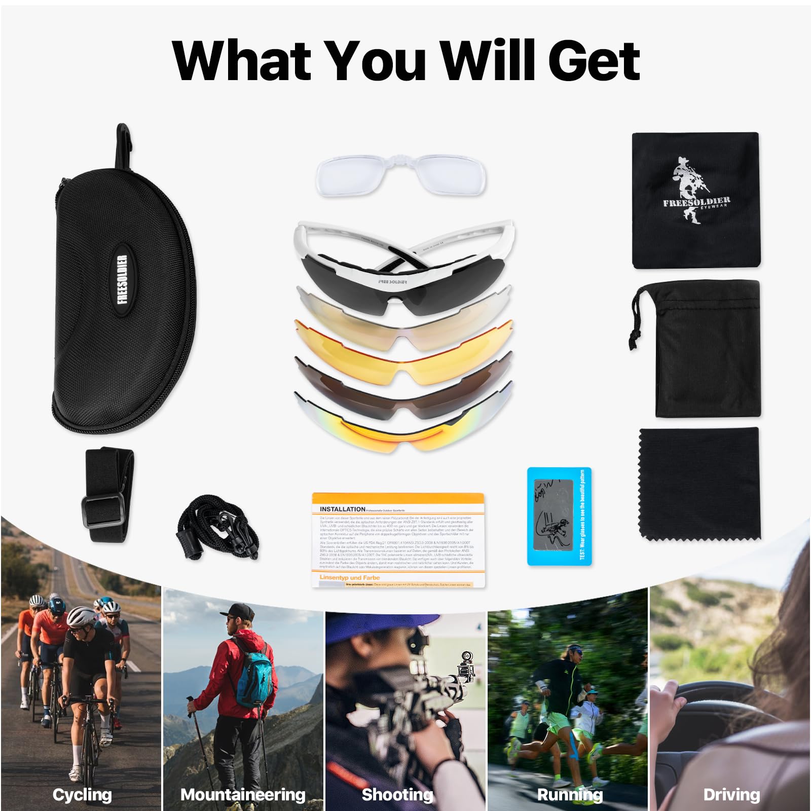 FREE SOLDIER Occhiali da Sole da Uomo Polarizzati 5 in 1 Occhiale Ciclismo MTB Softair Occhiali Tattici Militari Anti-UV400 Protezione per Ciclismo, Corsa, Pesca, Guida, Sport All'aperto