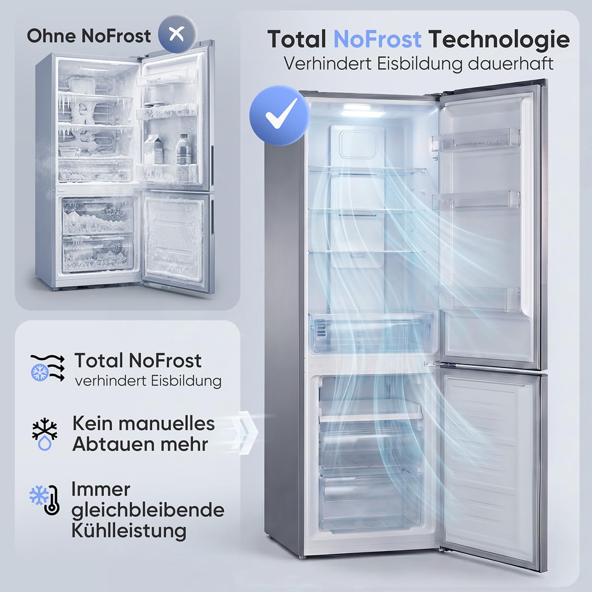 Bomann® Kühlschrank mit Gefrierfach | Energieklasse C | 181cm | NoFrost | 5 Jahre Kompressor-Garantie | Kühl Gefrierkombination No-Frost | Kühlgefrierkombination freistehend | KG 7370 silber