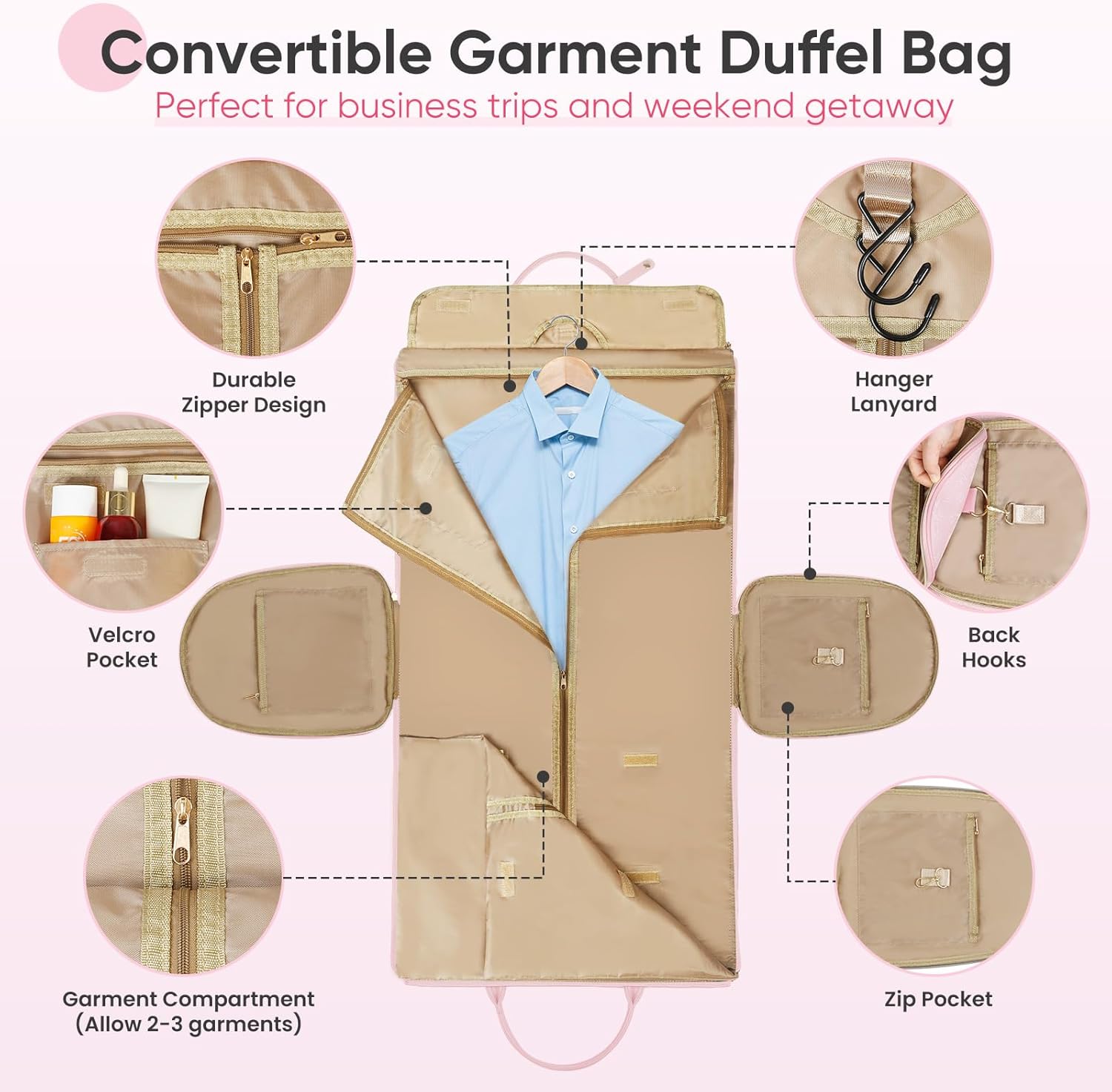 convertible garment bag for travel, carry on garment duffel bags with shoe pouch weekender bag for women 2 in 1 hanging suitcase suit travel bags for business trip, vacation (pink)