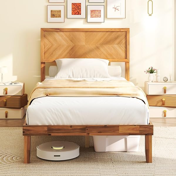 Giantex Wood Bed Frames with Headboard, Solid Acacia Wood Platform Bed with 12 Strong Wooden Slat Support, Scandinavian 