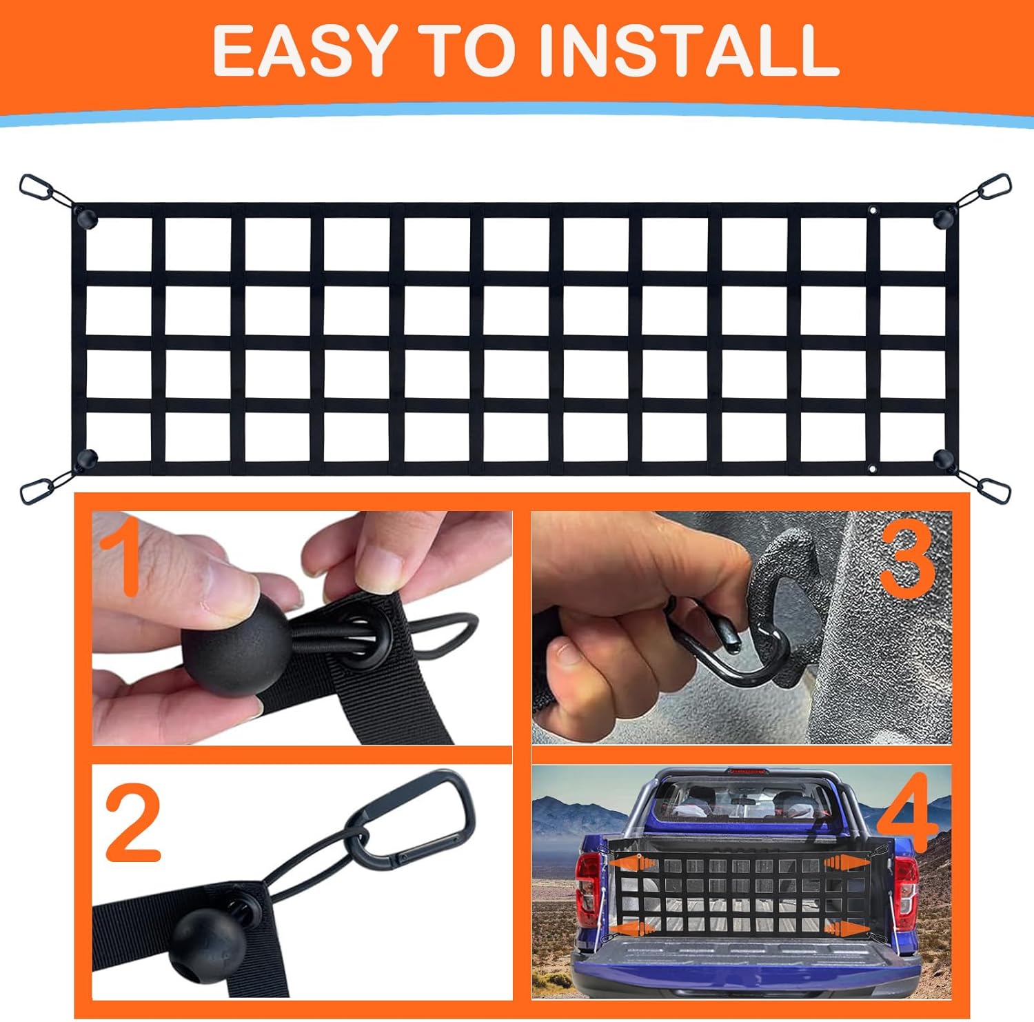 Easy-to-Use Full-Size Pickup Truck Tailgate Net, 60" x 18" Heavy-Duty Tailgate Cargo Net for All-Weather Use, Suitable for Ford, Chevrolet, Toyota, GMC, RAM, Tacoma, etc. Black