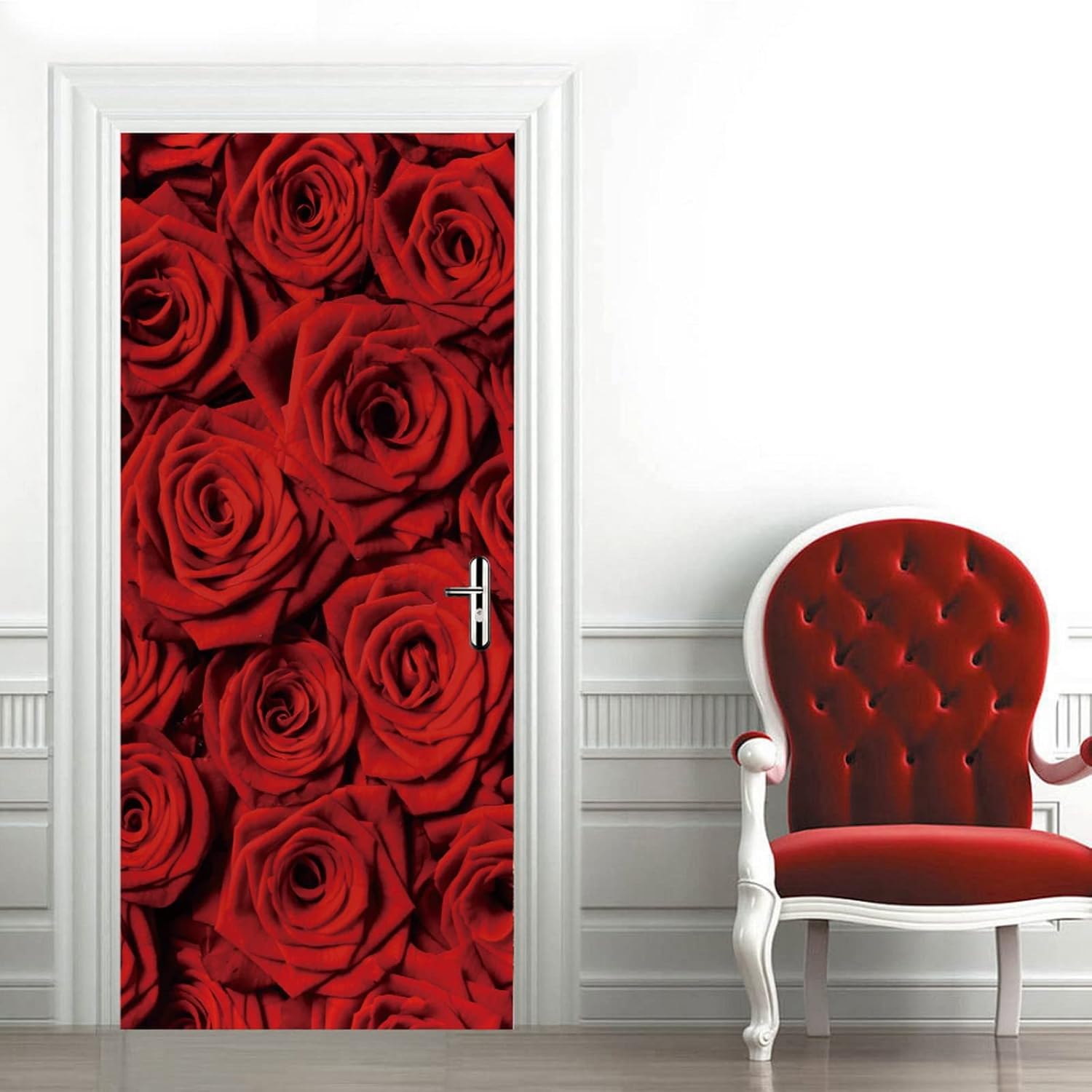 A.Monamour 3D Door Stickers for Interior Doors Red Roses Background Vinyl Removable Self Adhesive Door Poster Wallpaper Mural Decals for Bedroom Office Bathroom 77x200cm
