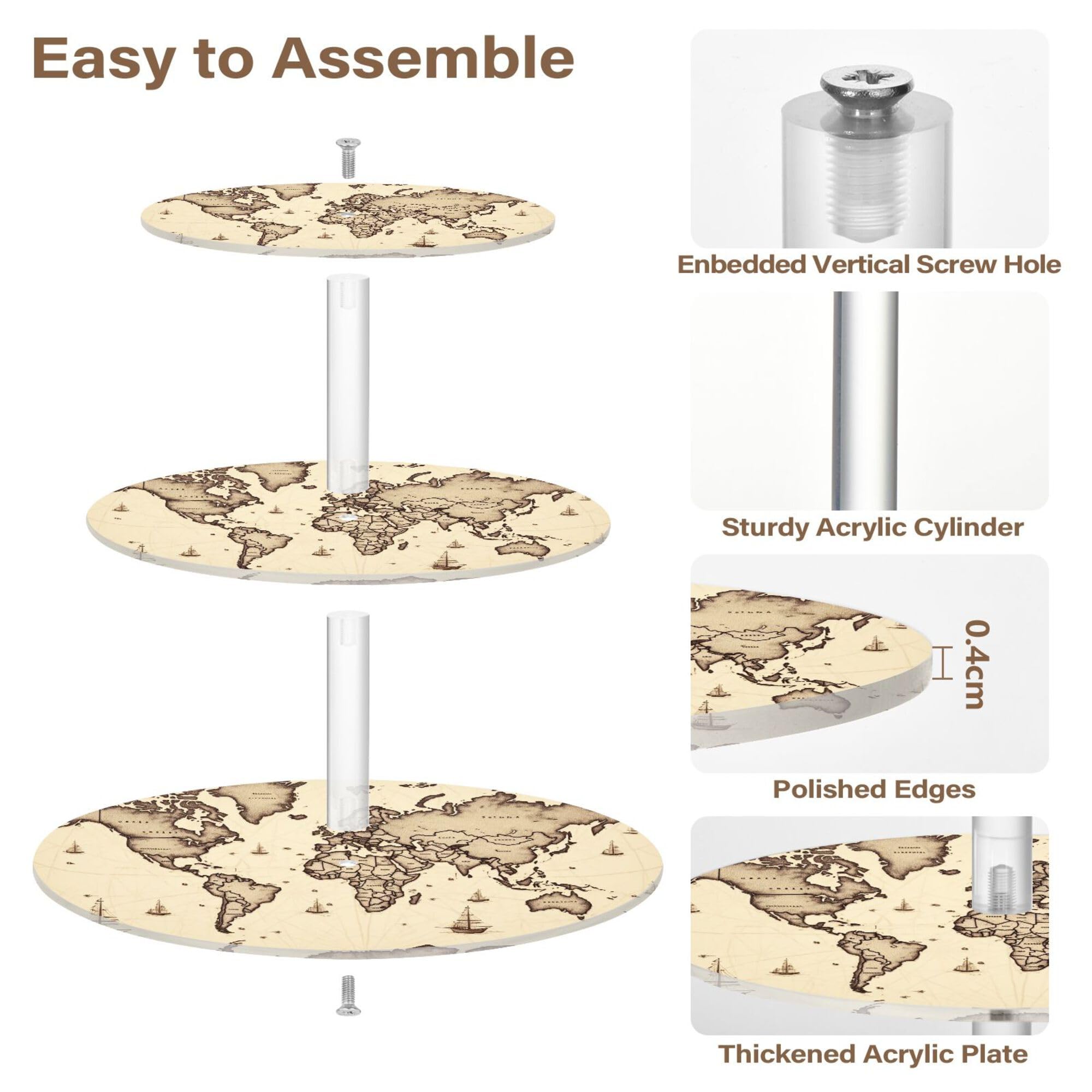 PYBUG World Map 3 Tier Acrylic Cupcake Stands Tower,Dessert Table Display Set for Tea Party,Wedding,Birthday, Baby Shower