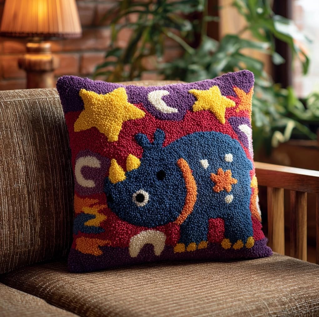 Taxpy Latch Hook Kits Pillow Rhino and Star Printed Cushion Crochet Yarn Embroidery Needlework Hook and Latch Kit Pillowcase Rug Cover Home Decor 43X43Cm