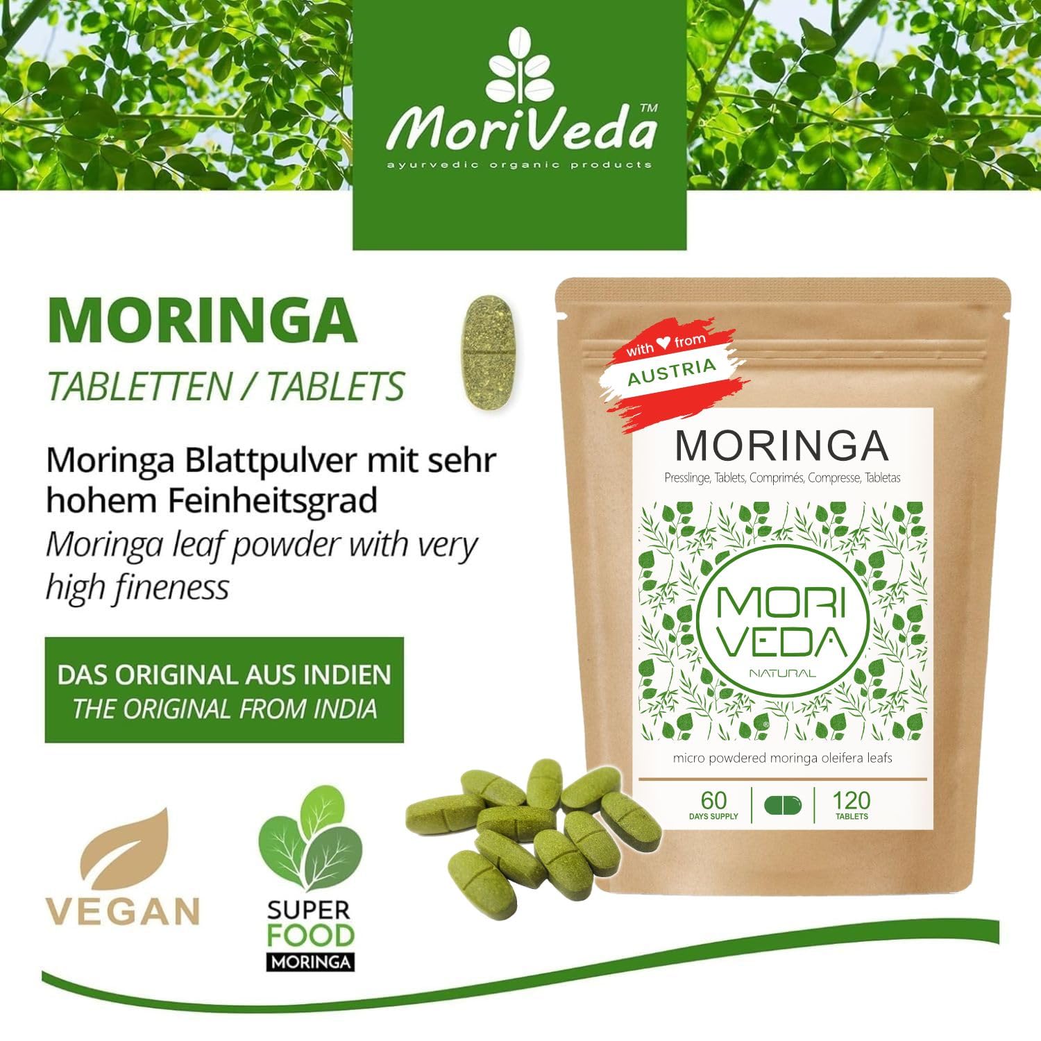 MoriVeda Comprimés Moringa Energy 3800 mg, 360 pastilles pressées avec vitamines, protéines & acides aminés, réserve de 180 jours en qualité ayurvédique haut de gamme, végan & sans gluten