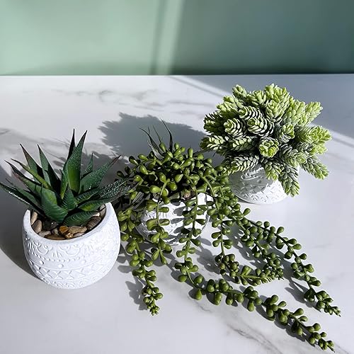 Miniatura 6 de Winlyn - 3 piezas de plantas suculentas artificiales pequeñas en macetas, aloe artificial colgante en macetas geométricas de concreto blanco y