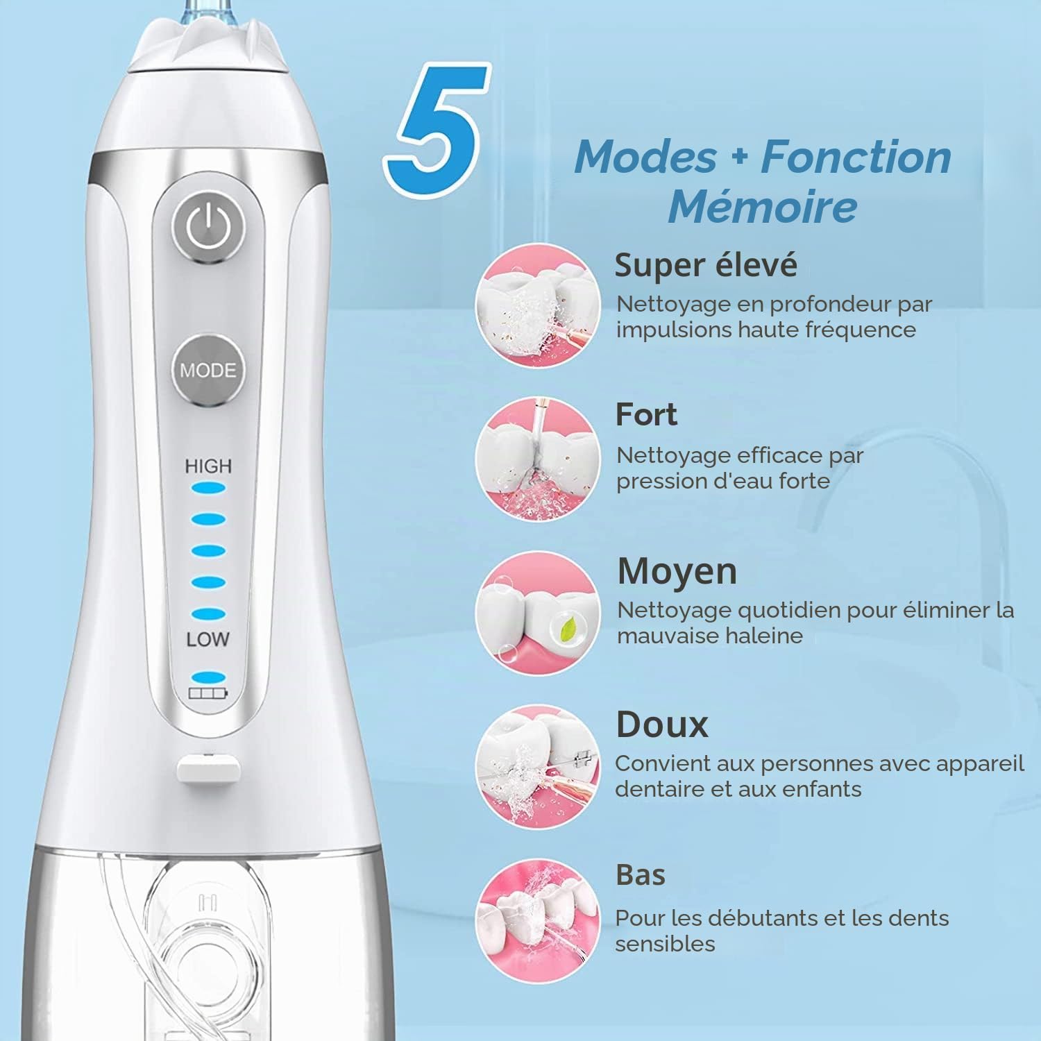Hydropulseur Jet Dentaire Électrique, 300ml Irrigateur Oral Portable Sans Fil, Charge USB, 6 Buses, 5 Modes d’Impulsion, Boule de Gravité Incluse, IPX7 Étanche, Sac de Voyage Offert