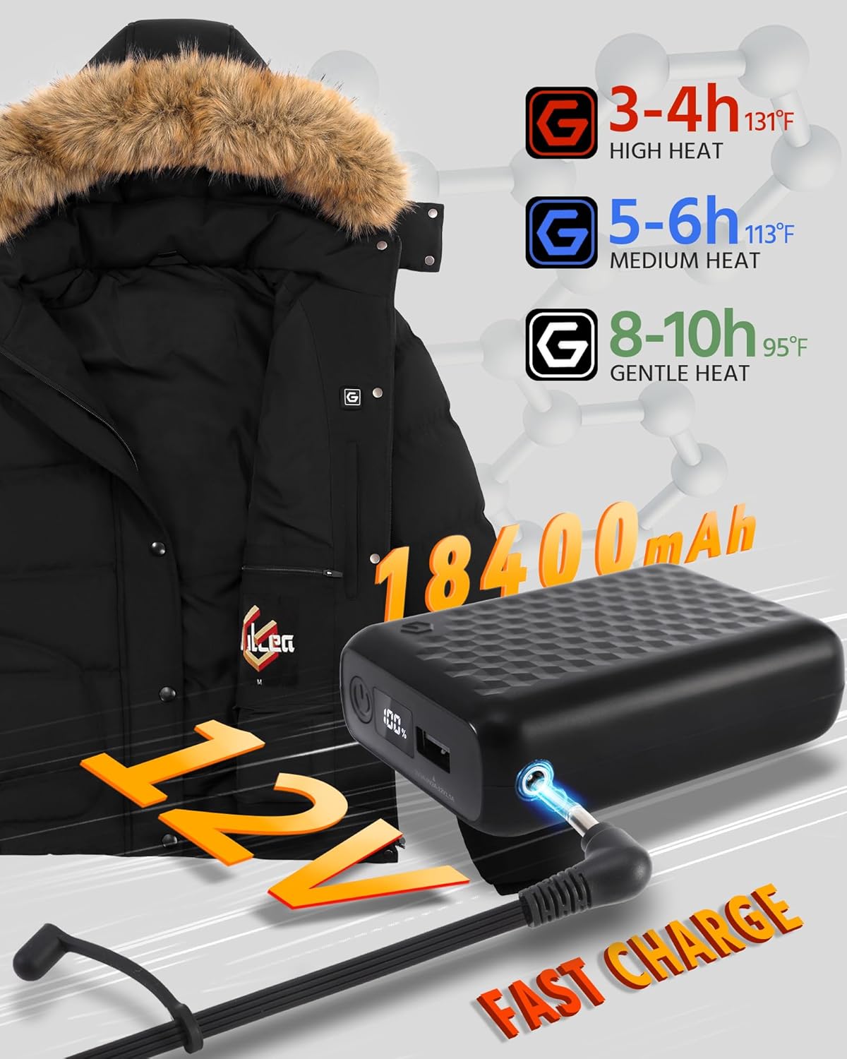 Wulcea Graphene Heated Jacket For Women 12V 18400mAh Fast Charge With Large Capacity - Image 3