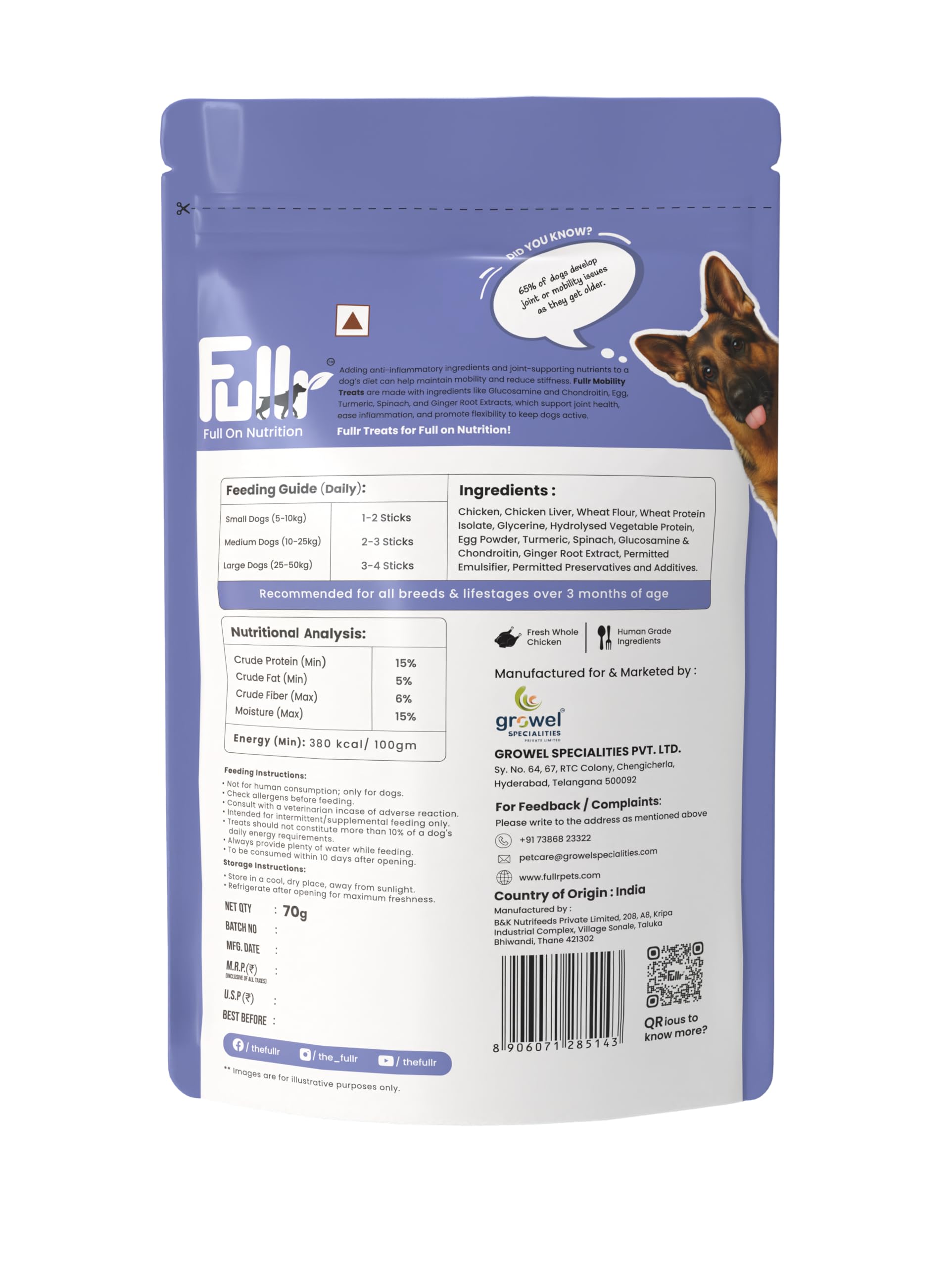 Fullr Mobility Support Soft & Chewy Dog Treats | Dental Sticks for Joint & Bone Health | Highly Digestible, Nutritious Dog Treats for All Breeds & All Life Stages, 70g