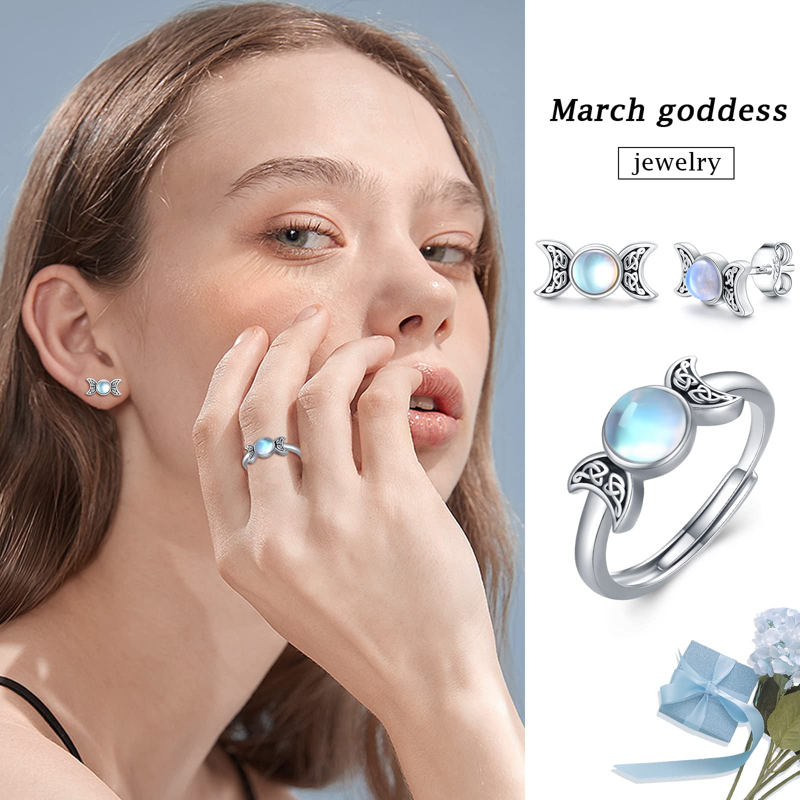 Triple Mond Göttin Ring 925 Sterling Silber Mondstein Mond Ring Triple Mond Göttin Schmuck Geschenke für Frauen Mädchen