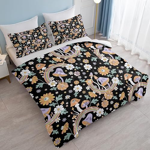 Miniatura 2 de SOULZZZ Juego de ropa de cama retro de hongos hippie tamaño matrimonial, edredón floral de hongos margaritas para niñas y mujeres, edredón negro con