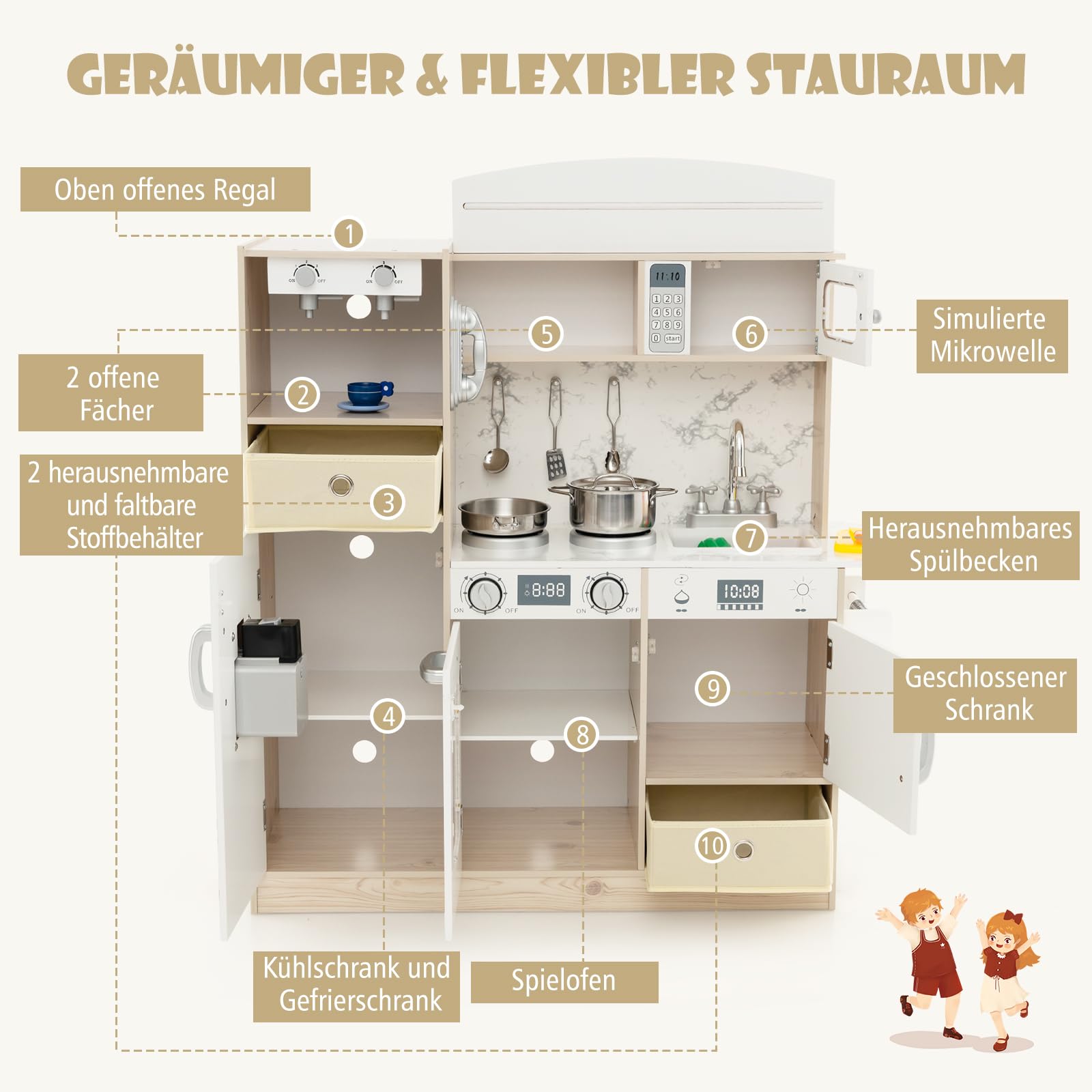 COSTWAY Kinderküche inkl. Zubehör, Spielküche Holz mit einstellbaren LED-Lichtern, abnehmbaren Stoffkörben & Regalen, Spielzeugküche mit Kaffeemaschine & Kühlschrank, für Kinder ab 3 Jahren