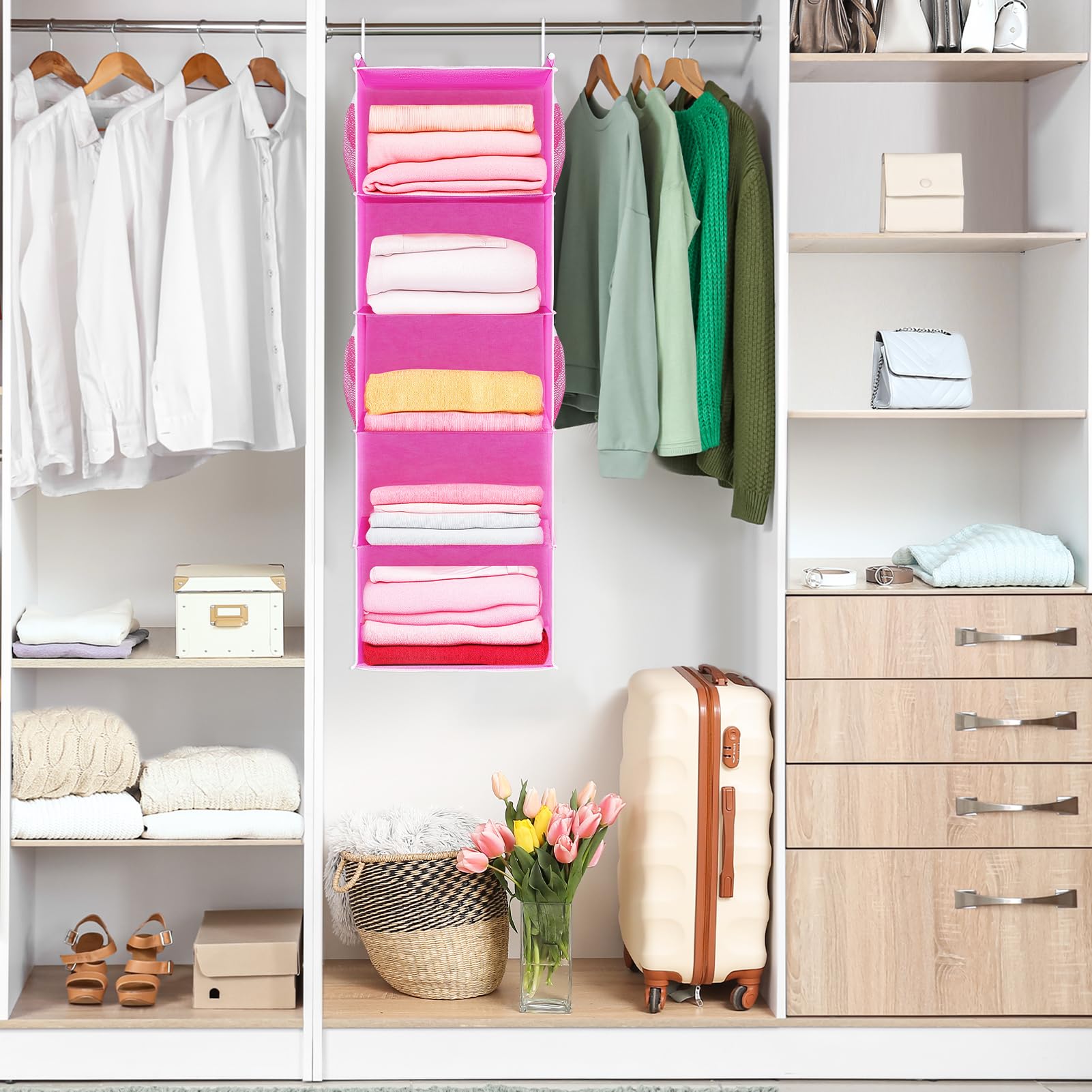 MAX Houser Organizador de armario colgante de 5 estantes, estantes de almacenamiento colgantes con 4 bolsillos laterales, ahorro de espacio para dormitorio, plegable (rosa)