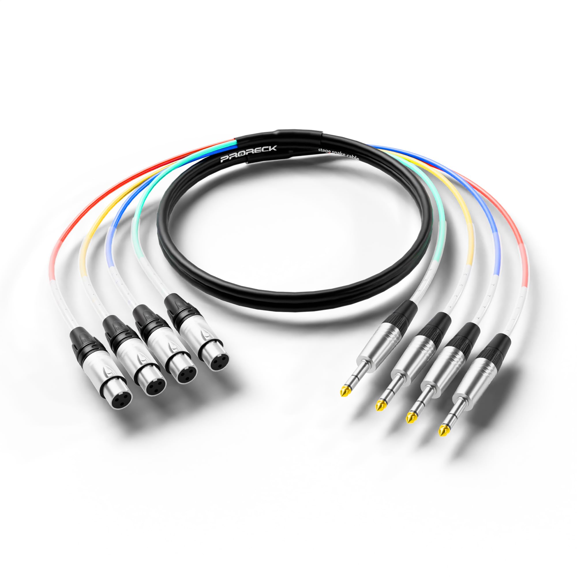 PRORECK Câble serpent de 3 m, câble audio blindé à 4 canaux TRS vers XLR femelle, avec connecteurs colorés pour scène professionnelle, studio et direct (PR-TRS/XLR-4 x 10F)