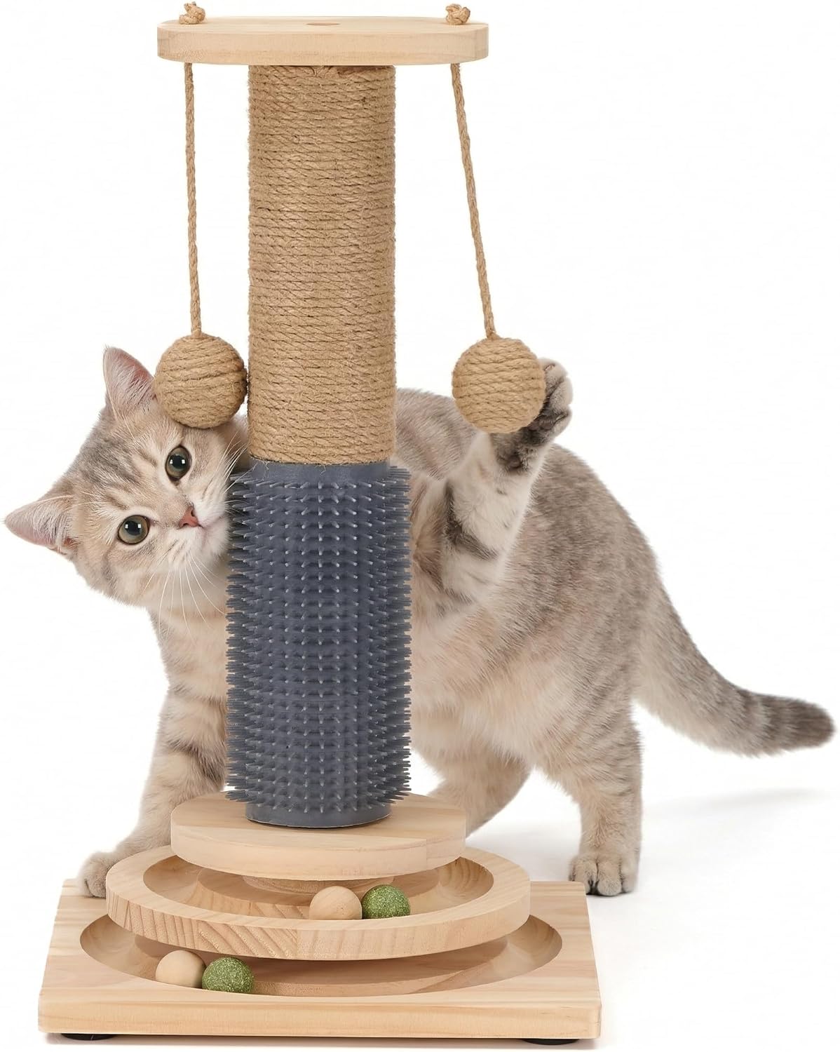 4-in-1 Solid Wood Cat Scratching Post with Self-Groomer, Natural Sisal Scratching Post with 2-Level Track Ball Toy, Interactive Cat Tree & Furniture Protector for Indoor Cats Medium Size