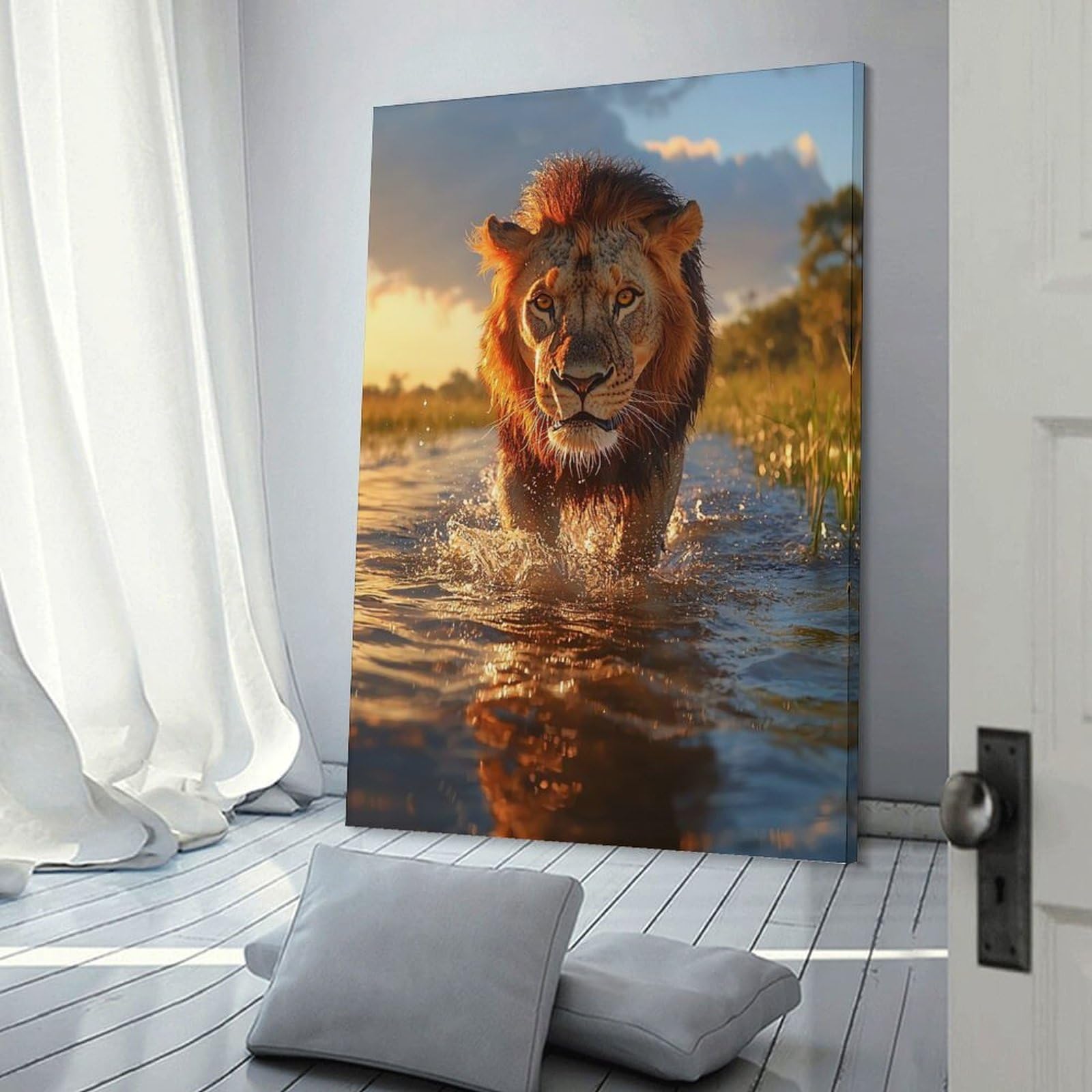 Junmoney Frame-Style-10 Canvas Wall Decor Lion Walking Through Water, 24X36inch(60X90cm), For Home Lounge, Bedroom Or Reading Nook, Eye Catching Artwork For Blank Walls