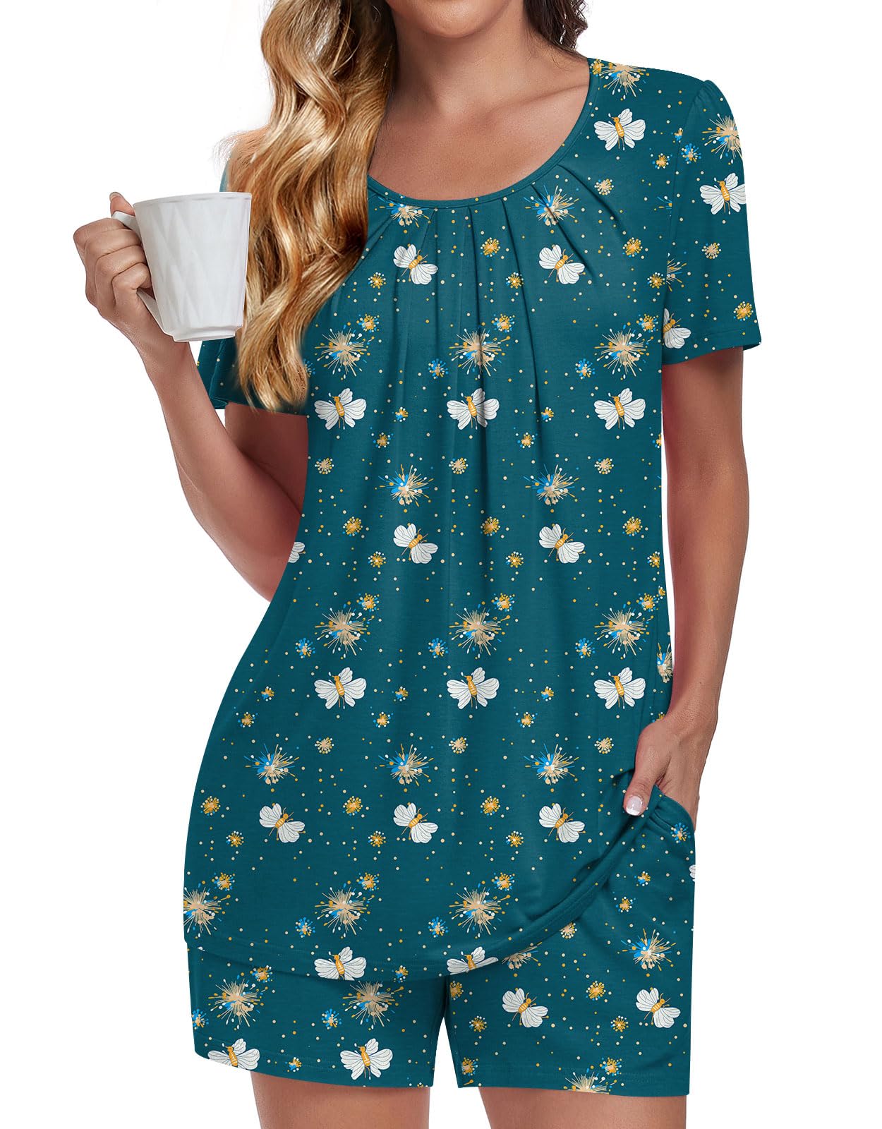 Anymeet Summer Womens Pajama Sets Short Sleeve Soft Casual 2 Piece Ladies Pjs Set Spring Sleepwear with Pockets