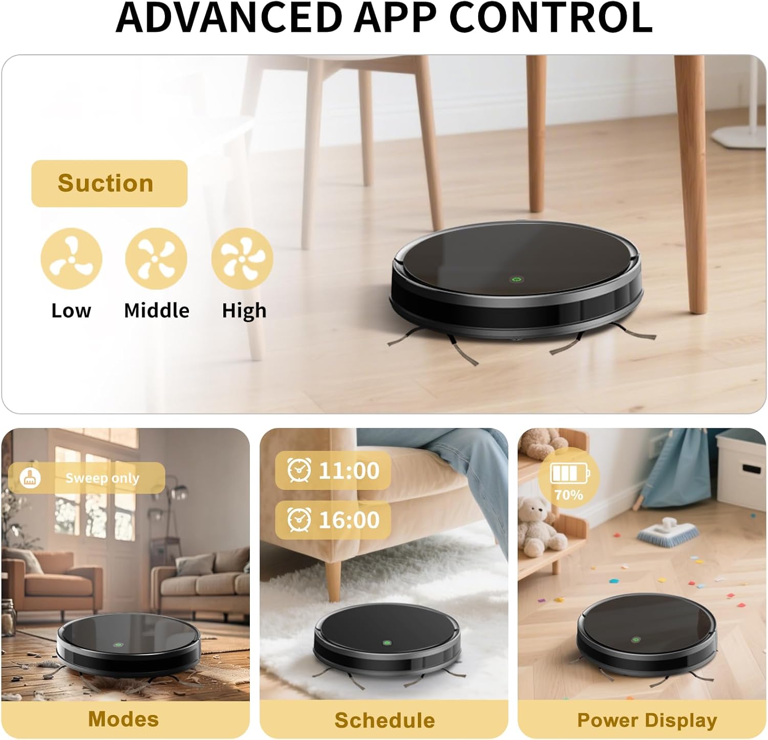 Robot Vacuum Cleaner 2000Pa Vacuum Cleaner Robot Navigation with high efficient Roller Brush, 60dB Robot Vacuum Cleaner with APP Control,Blue Tooth, Ideal for Pet Hair, Carpets, Hard Floors