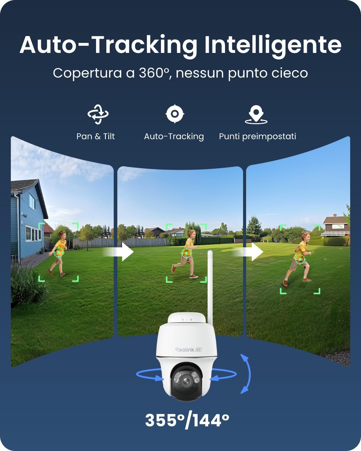 Reolink 4K Telecamera Wi-Fi Esterno con Batteria e Pannello Solare, 360° PTZ Senza Fili, 2,4/5 GHz WiFi, Rilevamento Uomo/Auto/Animale, 8MP Visione Notturna a Colori, Sirena/SD/Cloud, Argus PT Ultra