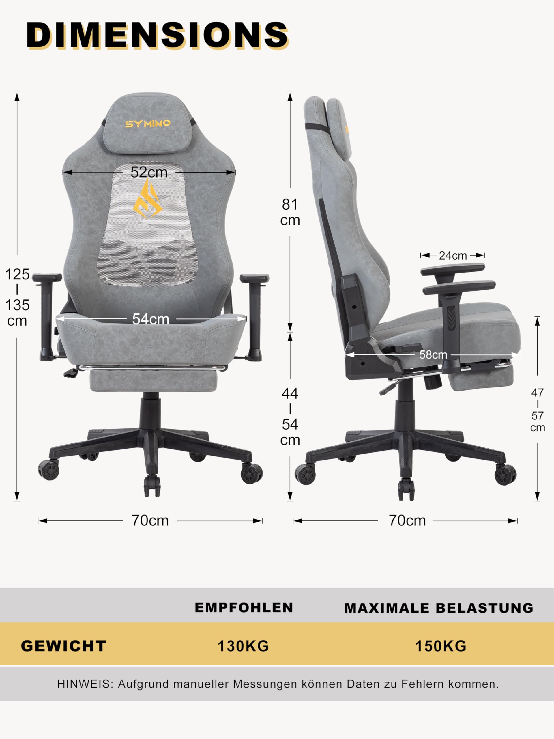 Symino Silla de Gamer Ergonómica, Silla Gaming con Soporte Lumbar Reposapiés, Silla de Oficina Ajustable y Giratoria Capacidad de Carga 150kg