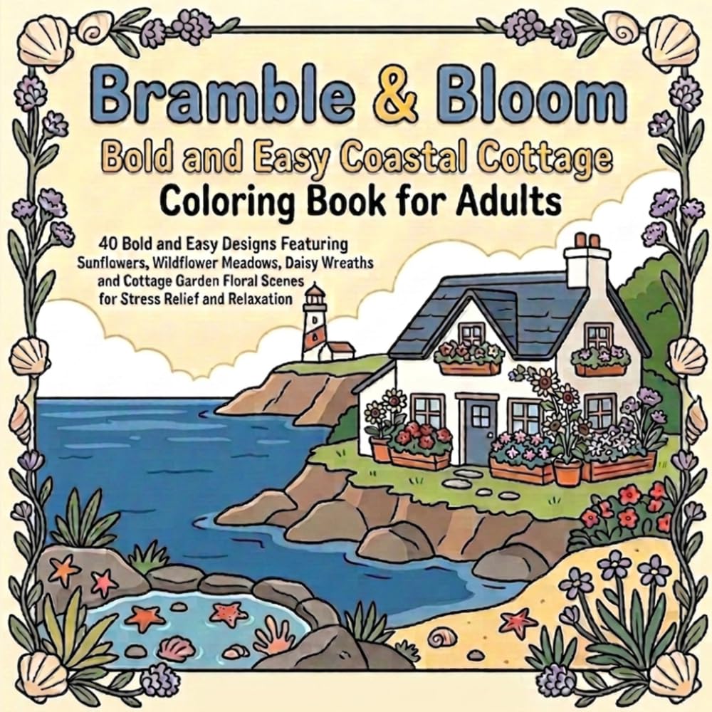 Bramble & Bloom: Bold and Easy Coastal Cottage Coloring Book for Adults: 40 Bold and Easy Designs Featuring Seaside Cottages, Lighthouses, Rockpools ... Scenes for Stress Relief and Relaxation