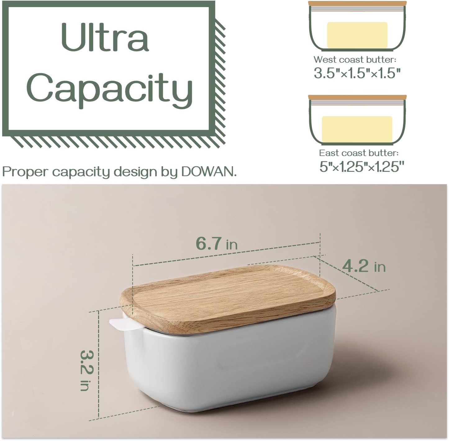 Dowan Large Butter Dish with Handle on Lid Up to 2 Sticks of Butter, Farmhouse Butter Dish with Lid, Ceramic Butter Container for East West Coast Butter, Microwave and Freezer Safe, White