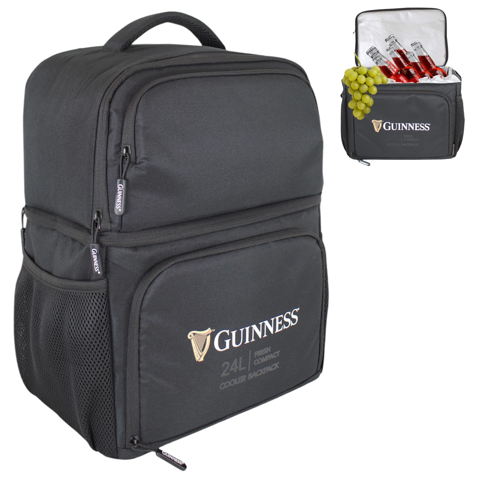 Guinness Cooler Backpack 24L – Insulated bag with padded straps, side pockets & leakproof lining. Perfect for travel, camping, BBQs, picnics & beach trips. Official Guinness cool bag for outdoors