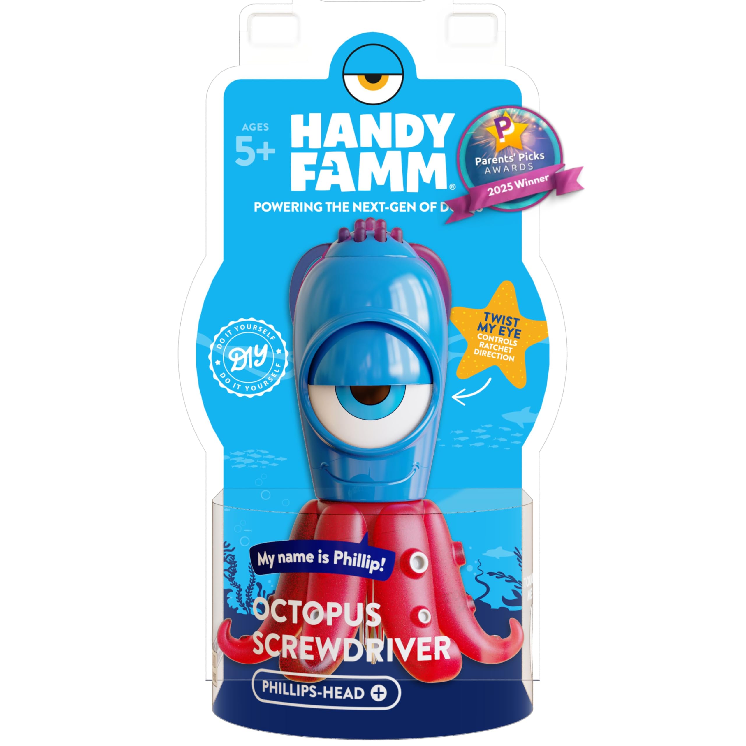 Handy Famm Phillip the Octopus Phillips Screwdriver, Kid Safe STEM DIY Tool with Stabilizer Legs, Real Screwdriver for Kids 5 and Up
