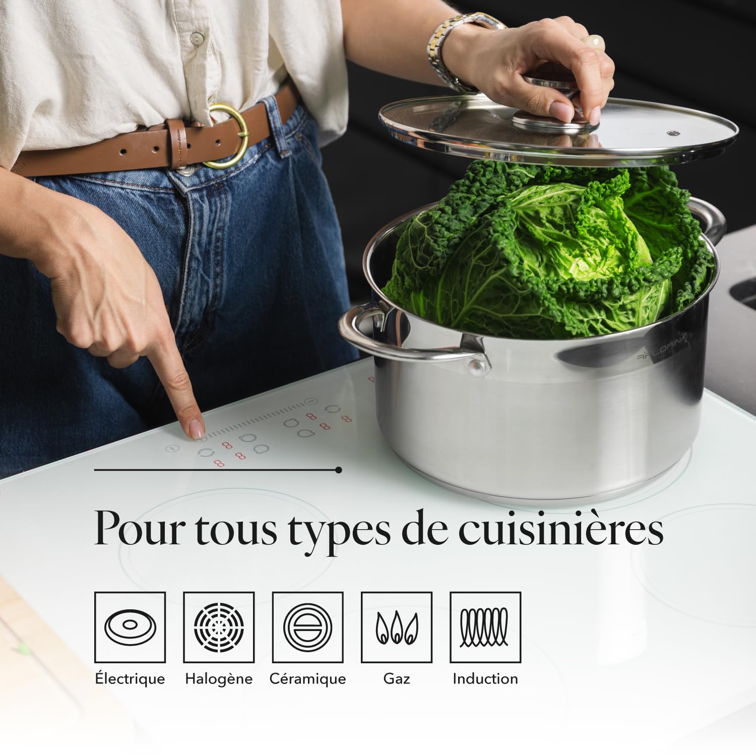 FLORINA Casserole en Acier Inoxydable (6 l) I 24 cm de Diamètre I Casserole Économe en Énergie FALCON I Induction avec Couvercle en Verre I Inox I Tout Feux