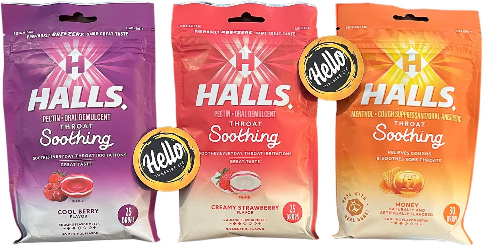 Halls Cough Drops Combo - Throat Soothing Honey & Cool Berry & Creamy Str 3 Pack Assortedawberry - 25 Drops Each Bag (75 Total Drops) Includes Hello Sunshine Fridge Magnet!