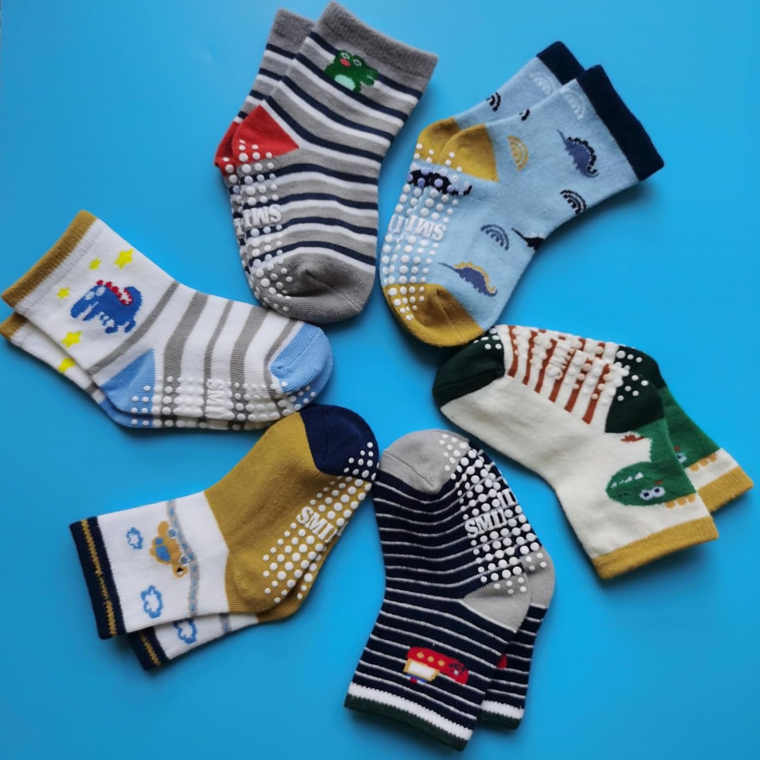 Toddler Grip Crew Socks With Grippers Boys Girls Kids 1-3/3-5/5-7T 6 Pairs
