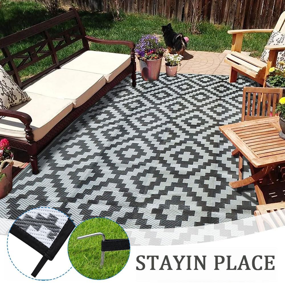 Tapis Exterieur, Tapis Exterieur Resistant Pluie Tapis Exterieur Polypropylene Tapis Salon Tapis Interieur Tapis Exterieur Terrasse Tapis Jardin Extérieur White and Black 300 * 240cm
