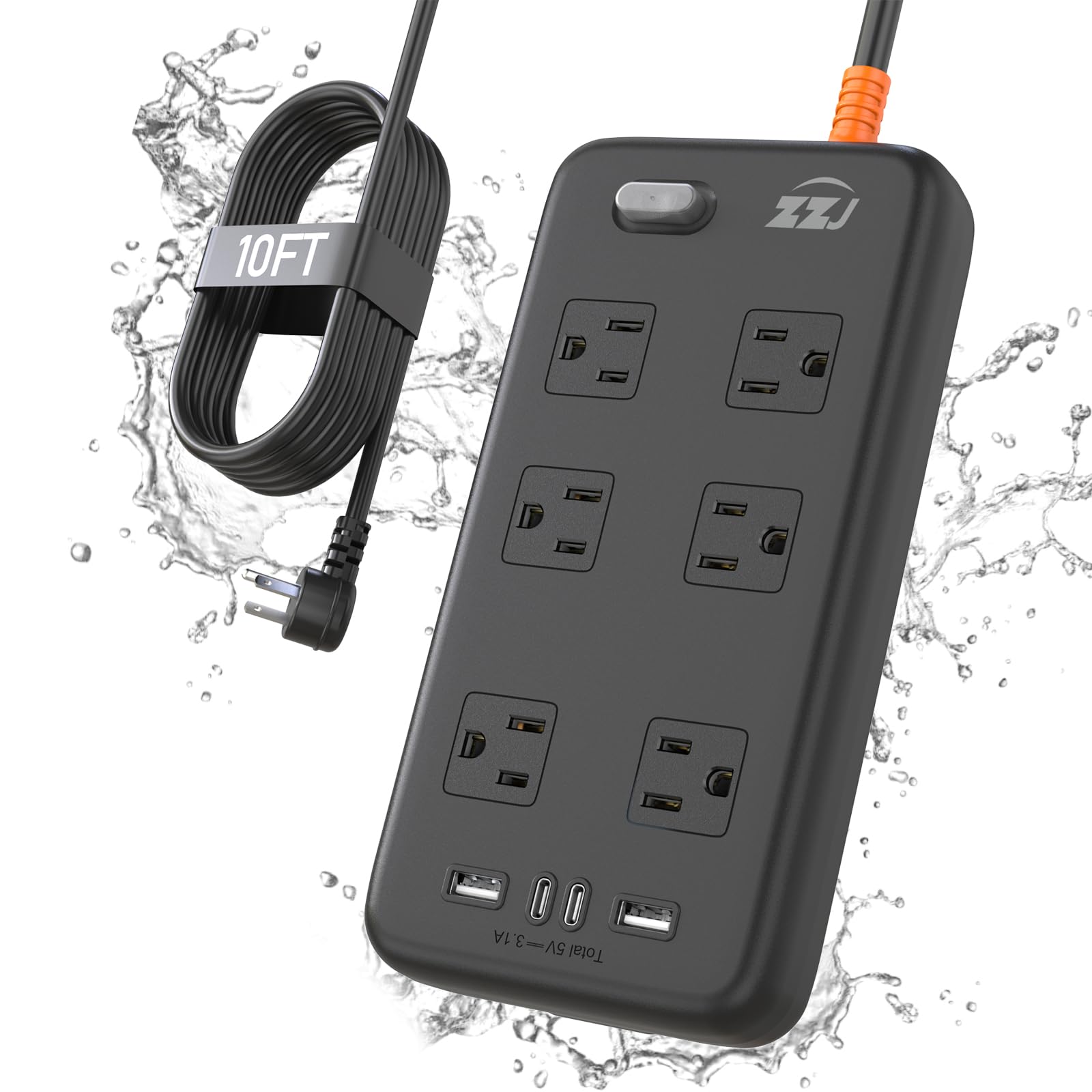Outdoor Power Strip Weatherproof, IPX6 Waterproof Surge Protector with 6 Wide Outlets and 2USB A&2USB C, 1625W/13A, 10FT Extension Cord, Wall
