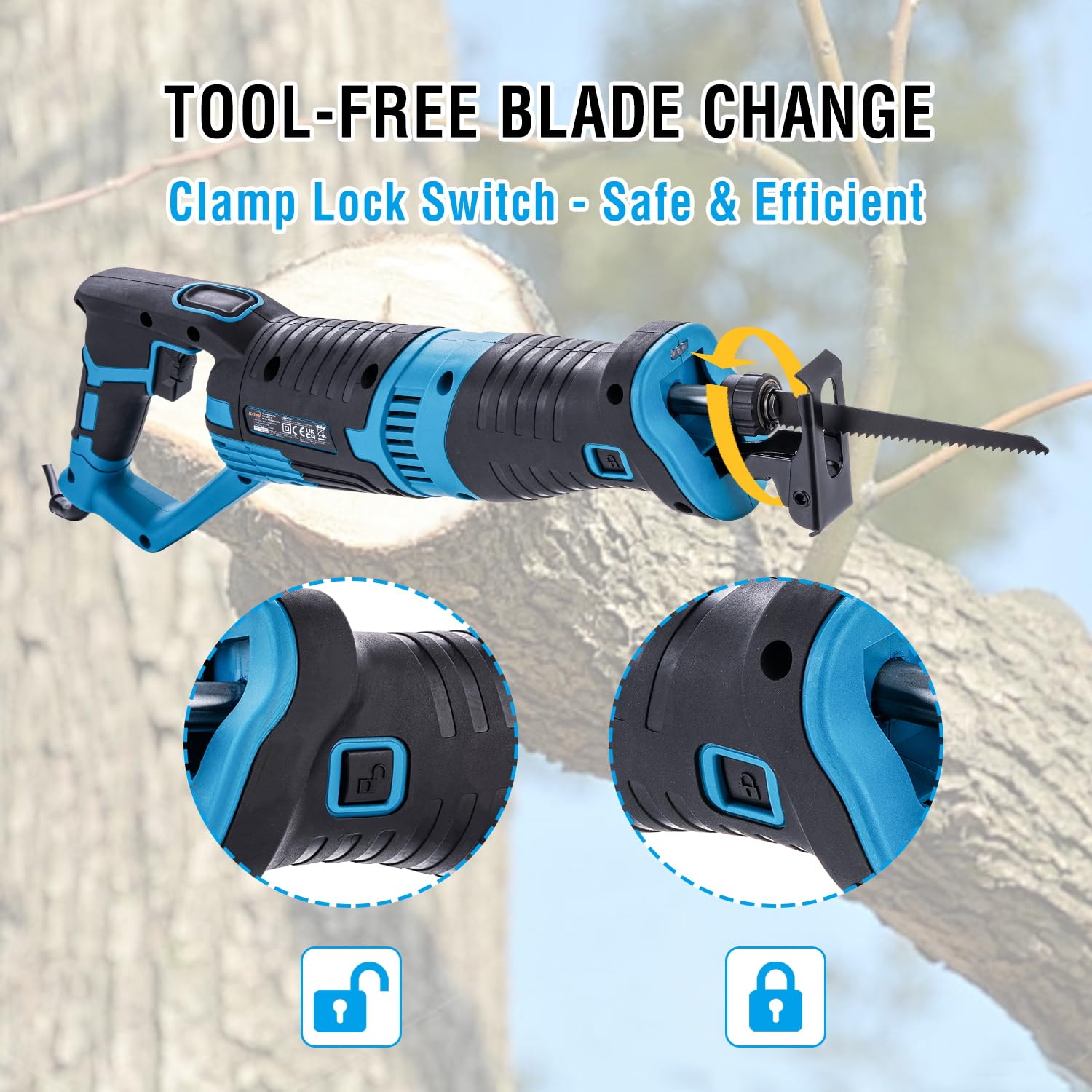 KATSU Tools Sierra alternativa de 900 W, carrera de 22 mm, 2800 rpm, velocidad variable, cambio de hoja sin herramientas, sierra de sable eléctrica con cable para cortar madera, metal y PVC
