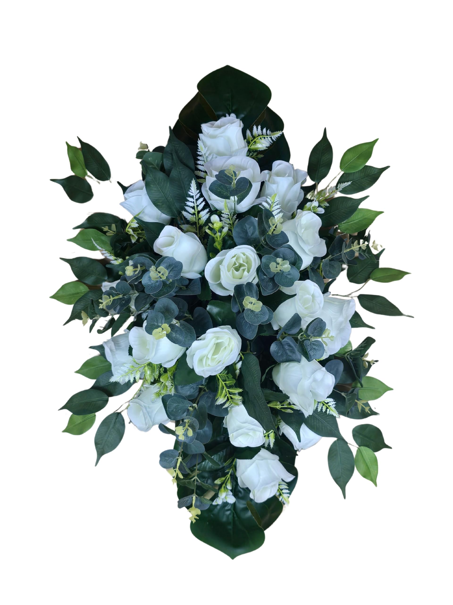 DRW Centro de Flores cojin Cementerio, procesiones, Iglesias Bodas o sepulturas Rosas Blancas y eucalipto Estilo Barco Artificiales 74x50x30
