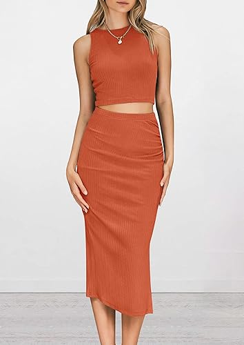 Miniatura 10 de PRETTYGARDEN Conjunto de 2 piezas de verano para mujer con cuello redondo camiseta sin mangas con abertura entallado falda por debajo de la rodilla