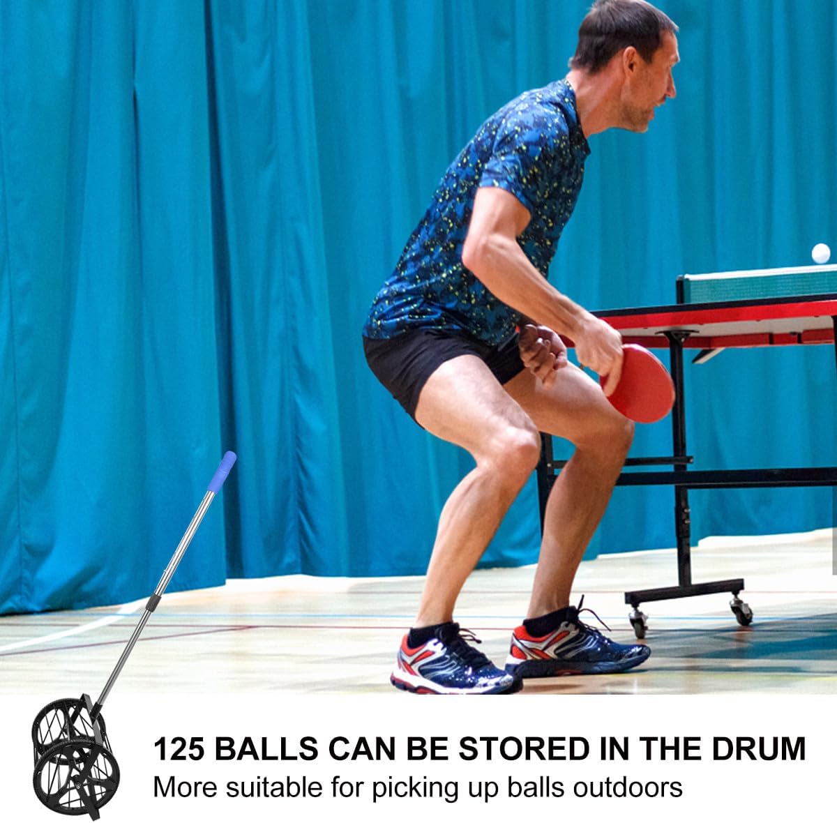 Table Tennis Ball Picker Roller Drum Type with 125-Ball Capacity Mesh Basket for Training Practice and Recreational Use