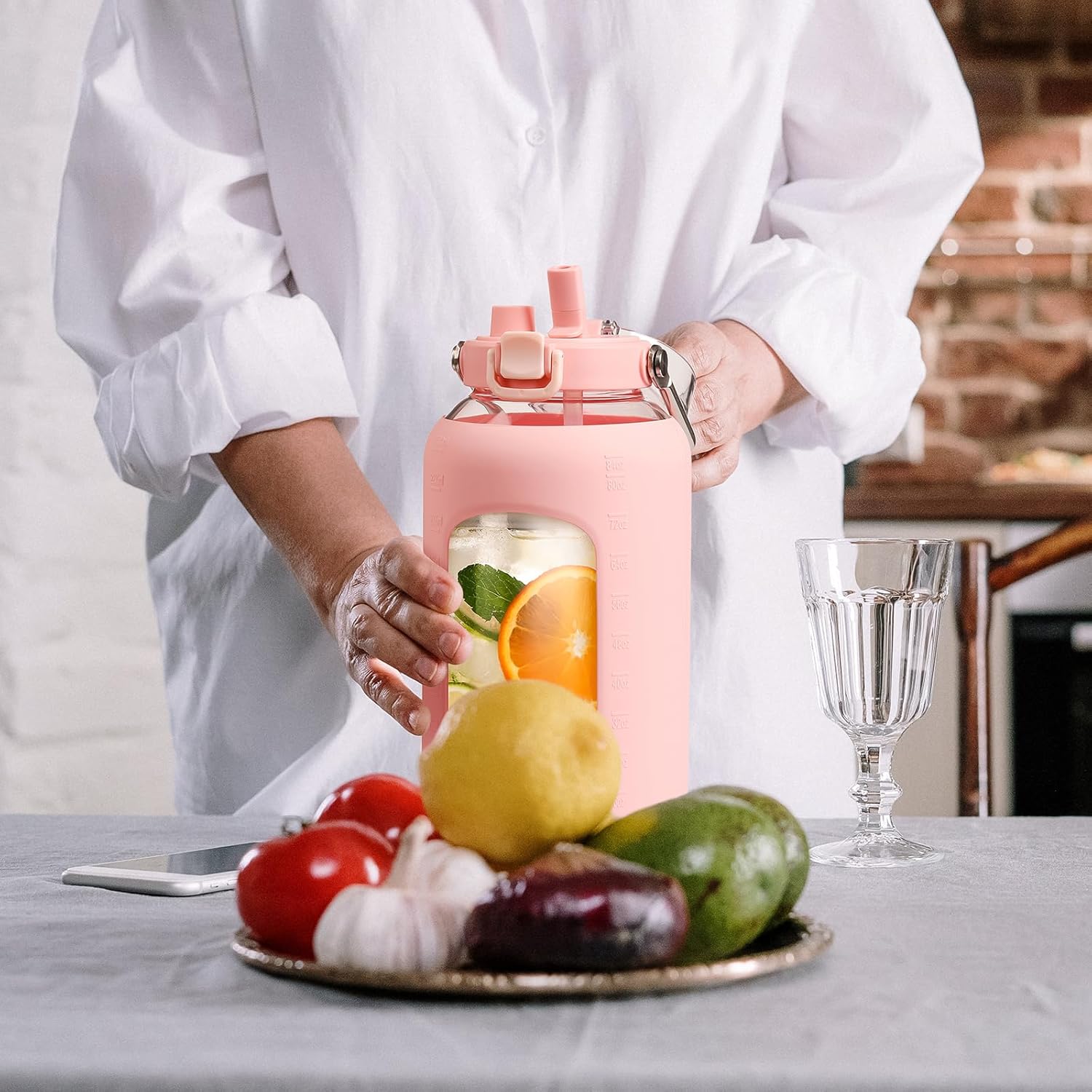 BLUEGO 84oz Water Bottle Glass with Stainless Steel Handle Large 2.5l Water Bottle with Time Markers and Silicone Sleeve Half Gallon Water Jug BPA Free for Gym Daily Use, Pink - Image 6