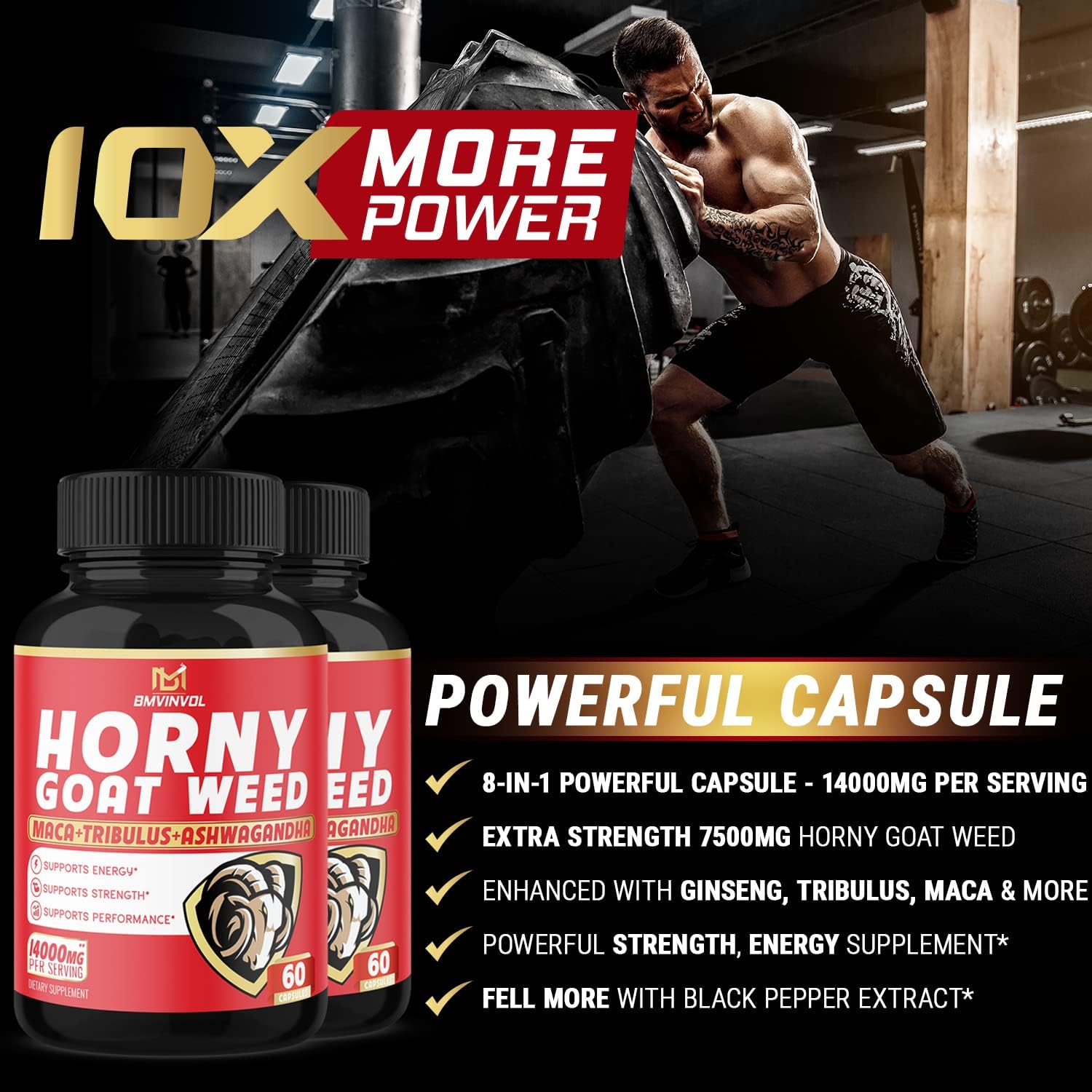 BMVINVOL (2 Packs) Horny Goat Weed Capsules, 14000mg Herbal Equivalent with Maca, Tribulus, Ginseng - Performance and Energy Support - 120 Capsules : Health & Household