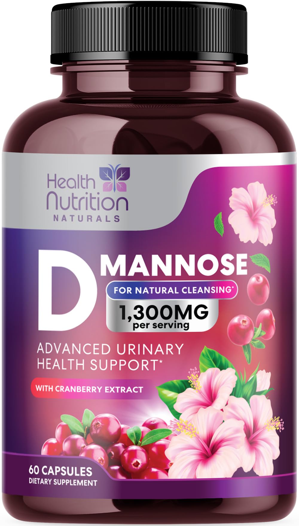 D-Mannose Supplement - 1,300mg Organic D Mannose with Organic Cranberry Extract - Fast-Acting Urinary Tract Support for Women & Men – Natural Urinary & Bladder Cleanse - Bottled USA – 60 Capsules 60 Count (Pack of 1)