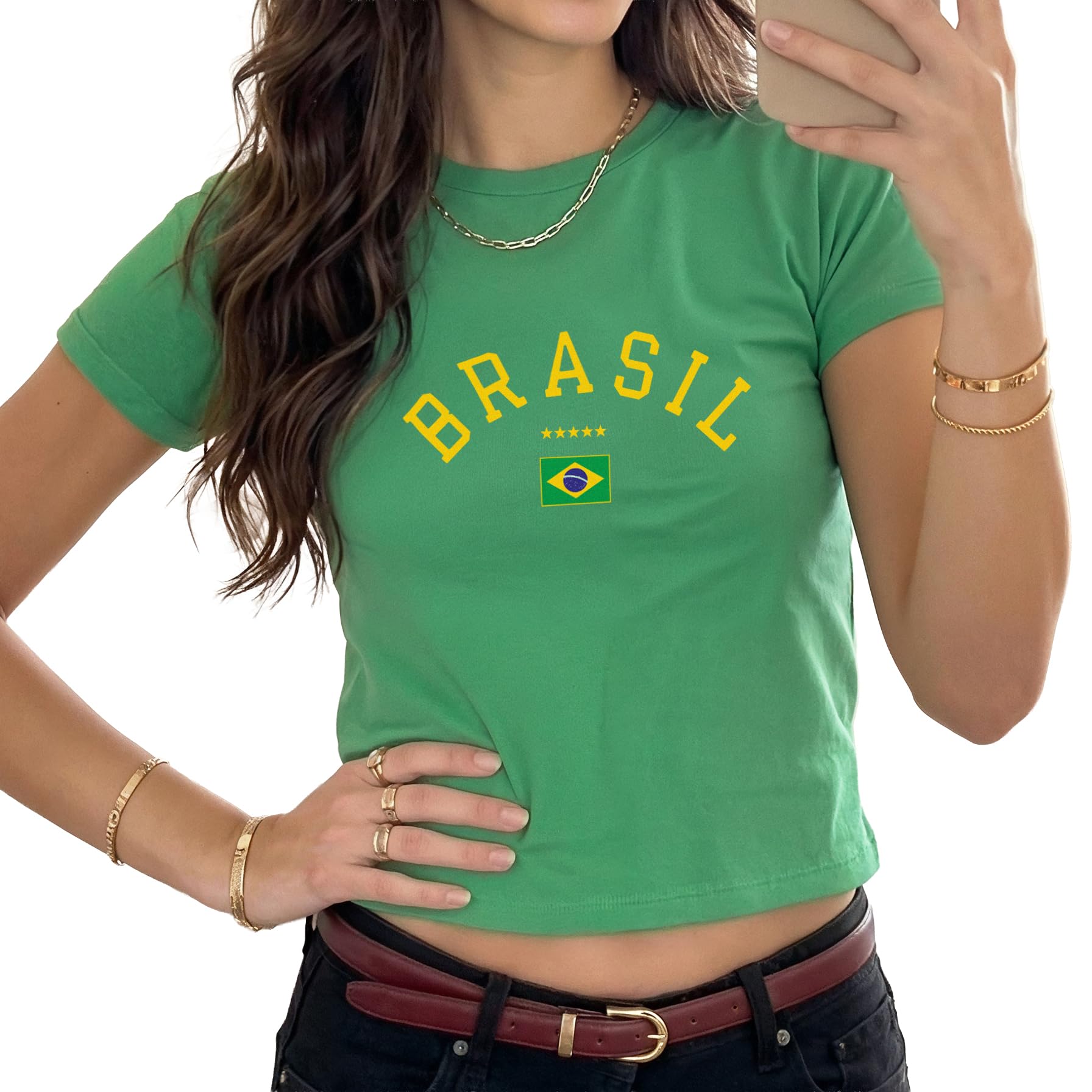 Sanfran Clothing Brasil Baby Tee T-Shirt Top Brazil World Football Shirt Country Soccer Team 2026 Womens Flag Varsity Shirt Green - Medium